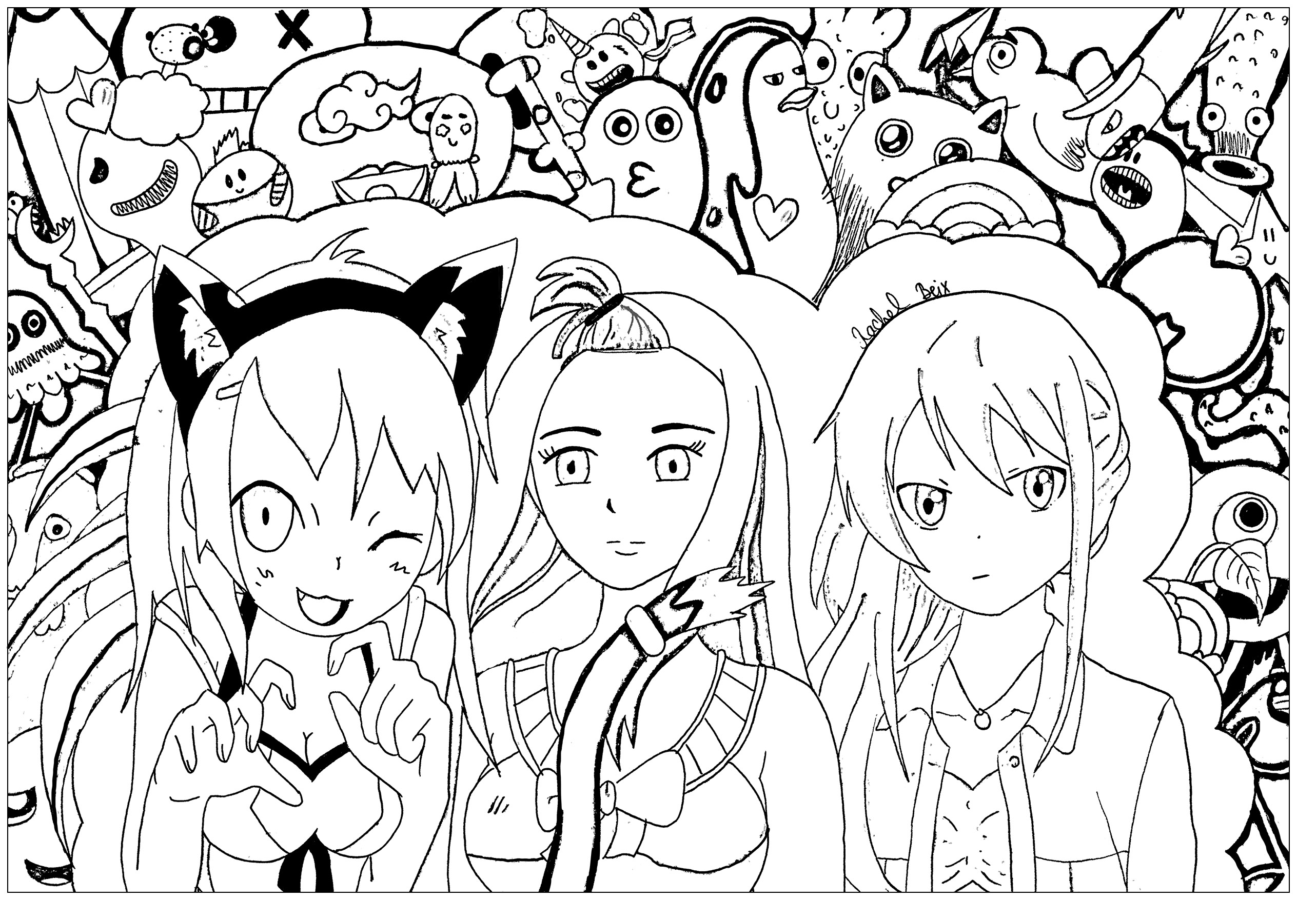 3 filles au look sympa, et leurs petits compagnon, un coloriage style Manga, par Rachel