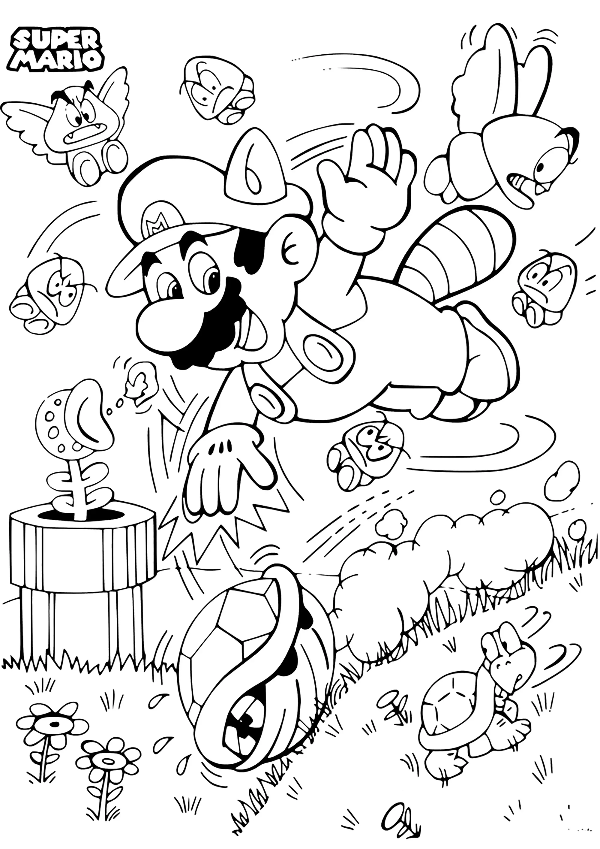 Mario cureuil Volant En Plein Combat Coloriages De Super Mario Bros 