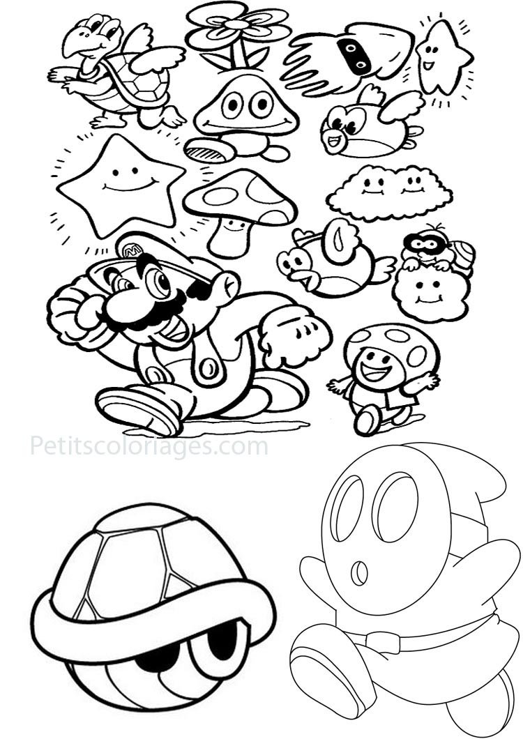 Dessin de Mario à colorier, avec Luigi, Wario et Yoshi