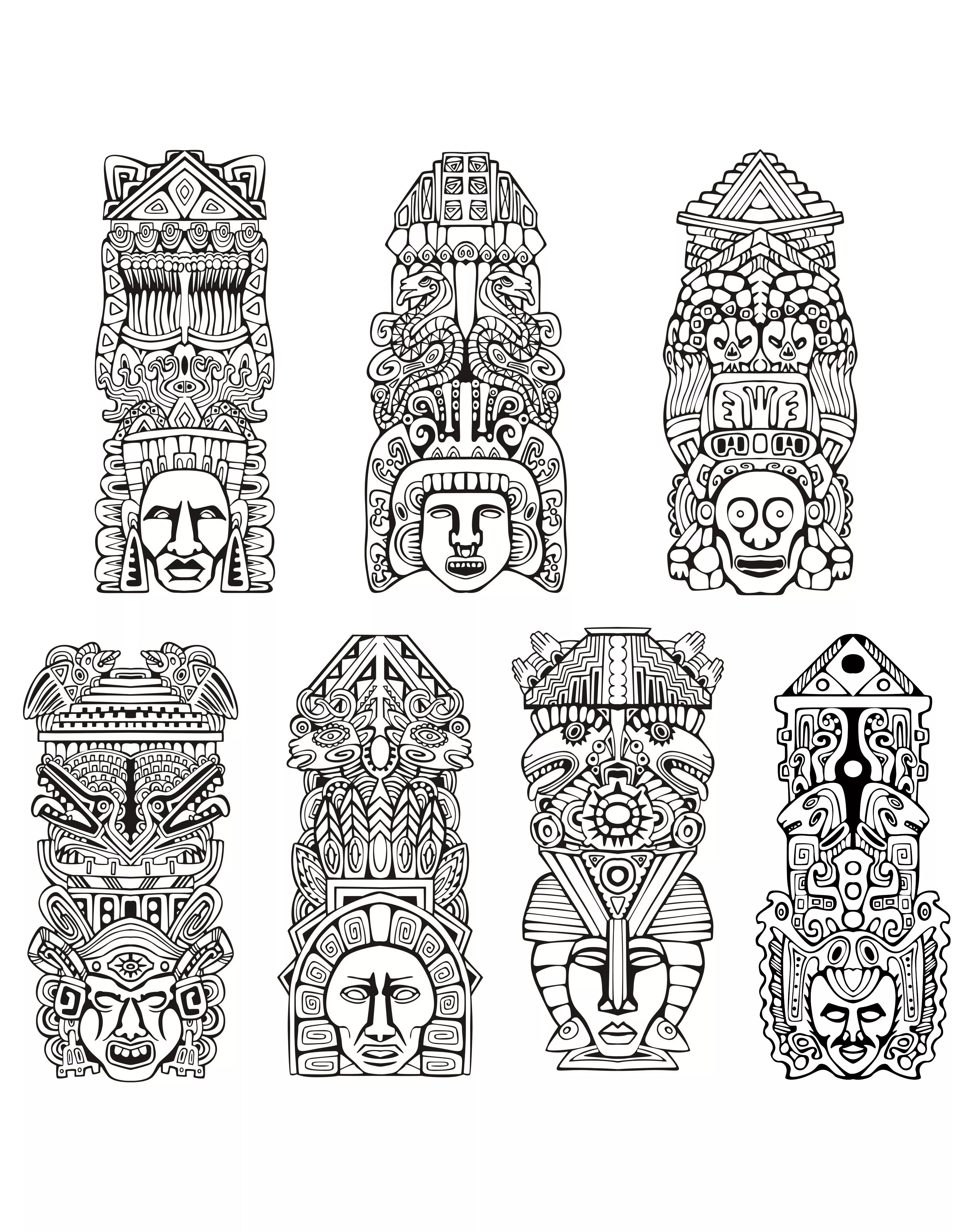 Totems d'inspiration Aztèque / Incas (Coloriage de Masques à imprimer pour enfants)