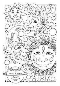 Coloriage sympa avec Lune, Soleil et étoiles (Coloriage de Météo)