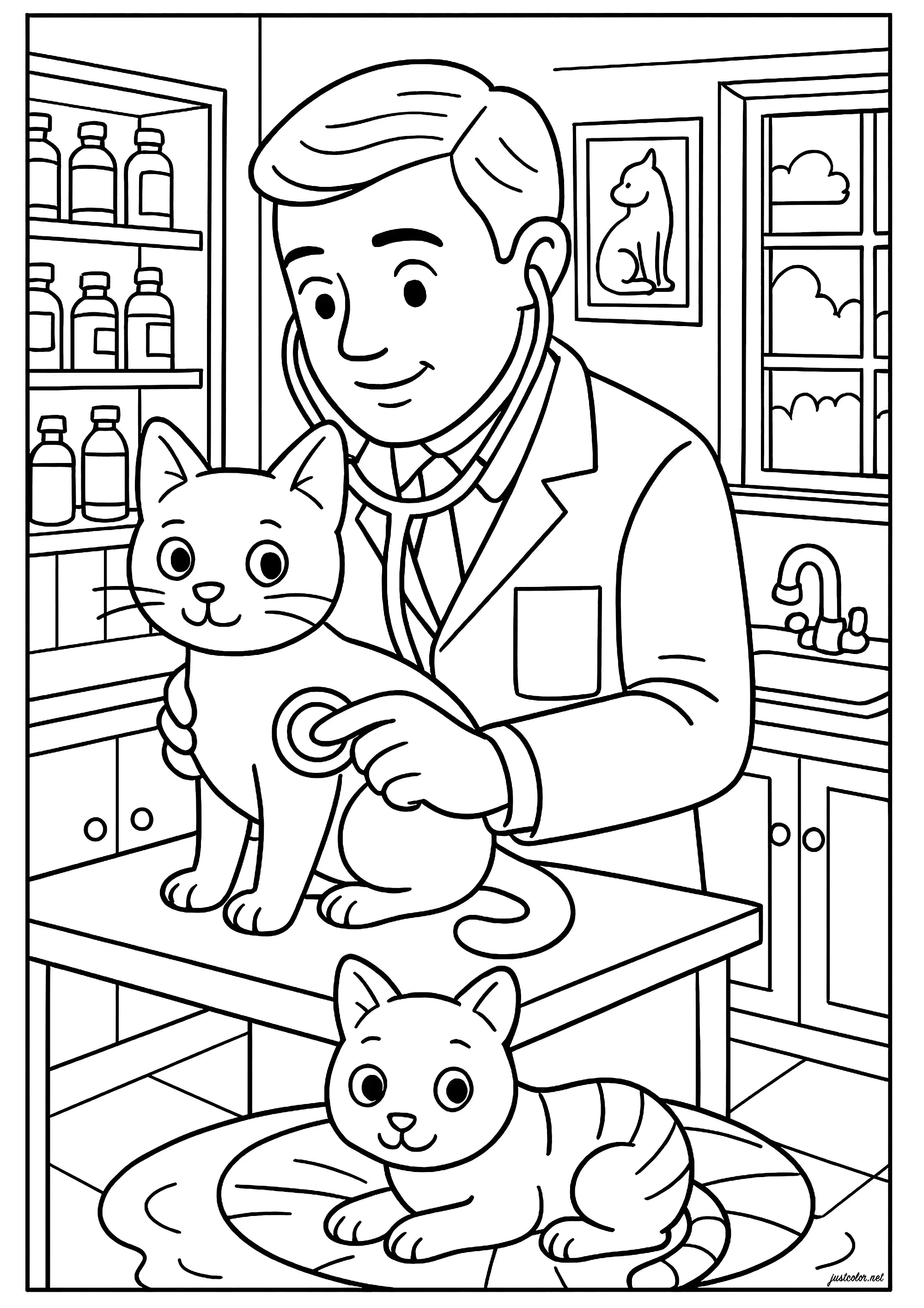 Vétérinaire soignant un chat (Coloriage de Métiers à imprimer pour enfants)