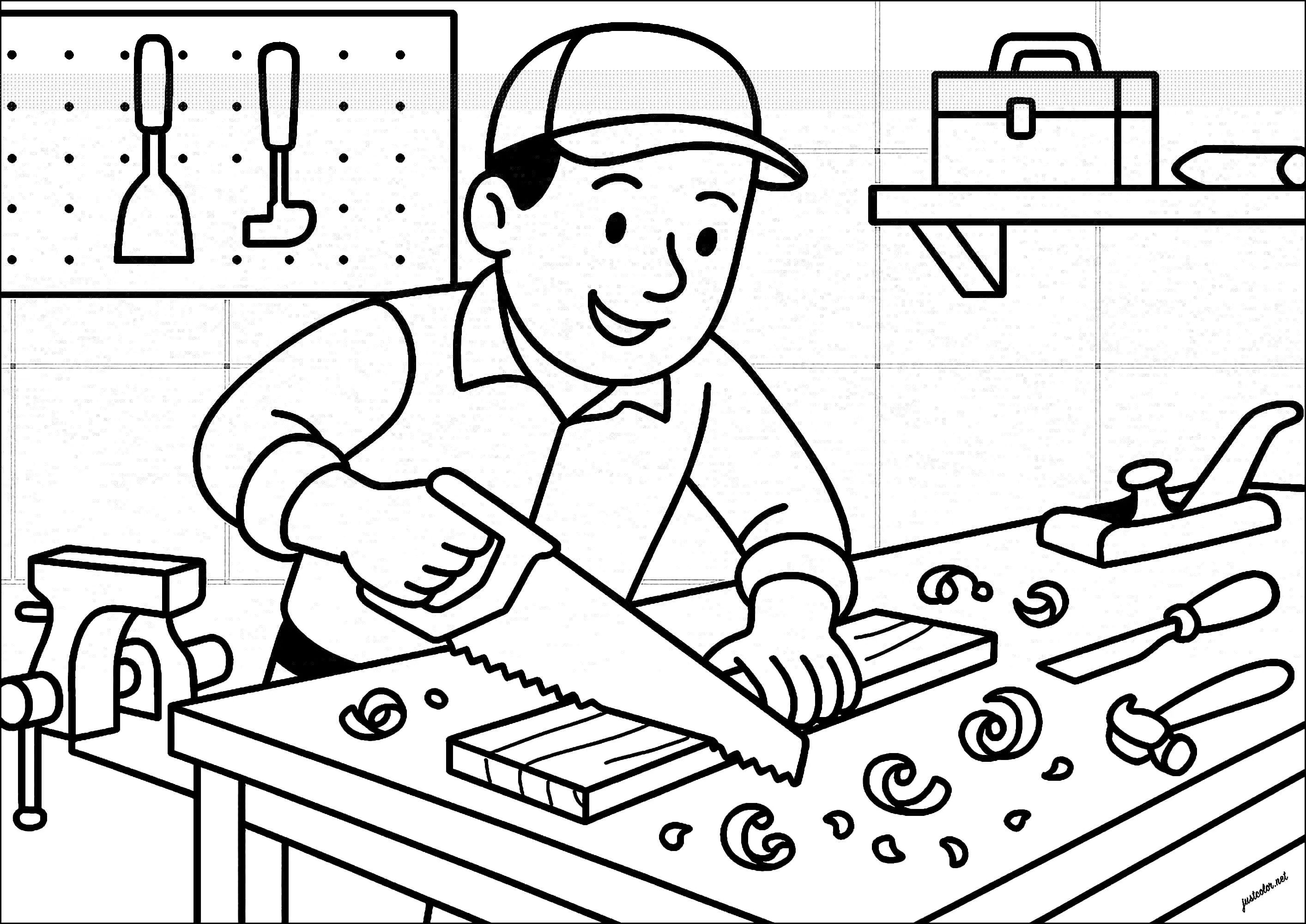Menuisier en train de scier une planche (Coloriage de Métiers à imprimer pour enfants)