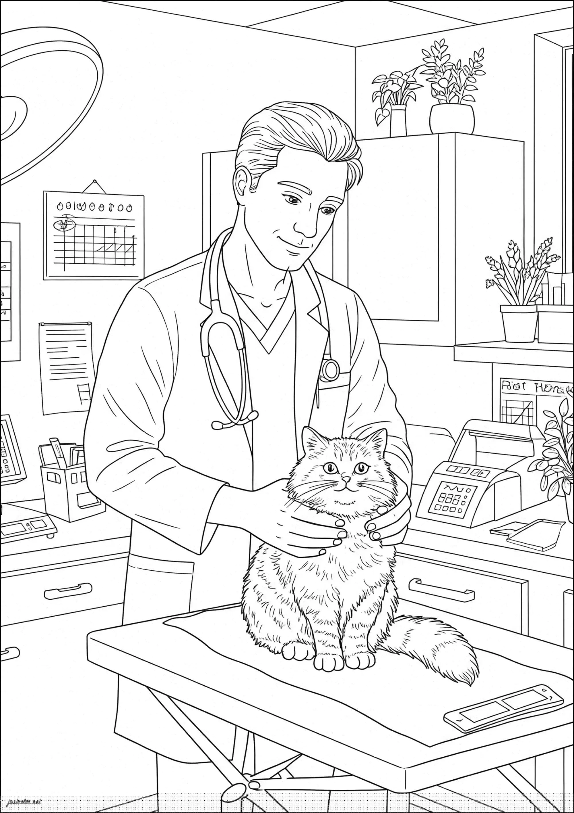 Joli dessin d'un vétérinaire avec un chat (Coloriage de Métiers à imprimer pour enfants)