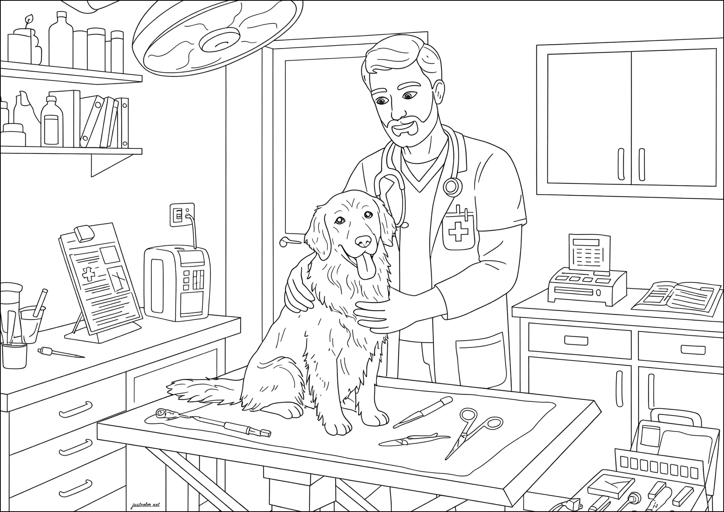 Superbe dessin d'un vétérinaire avec un chien (Coloriage de Métiers à imprimer pour enfants)
