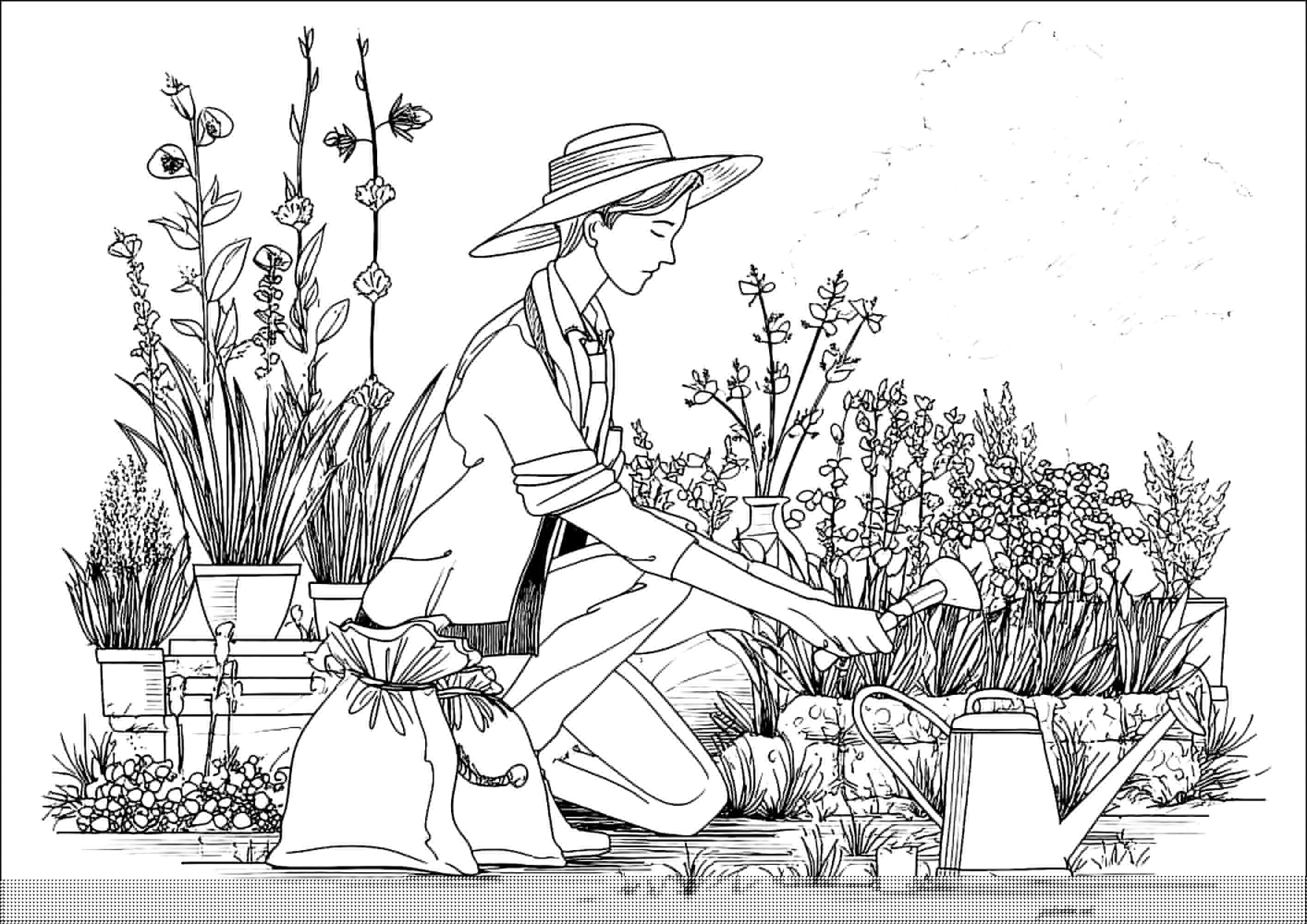 Jardnière s'occupant de ses plantes, avec son arrosoir (Coloriage de Métiers à imprimer pour enfants)
