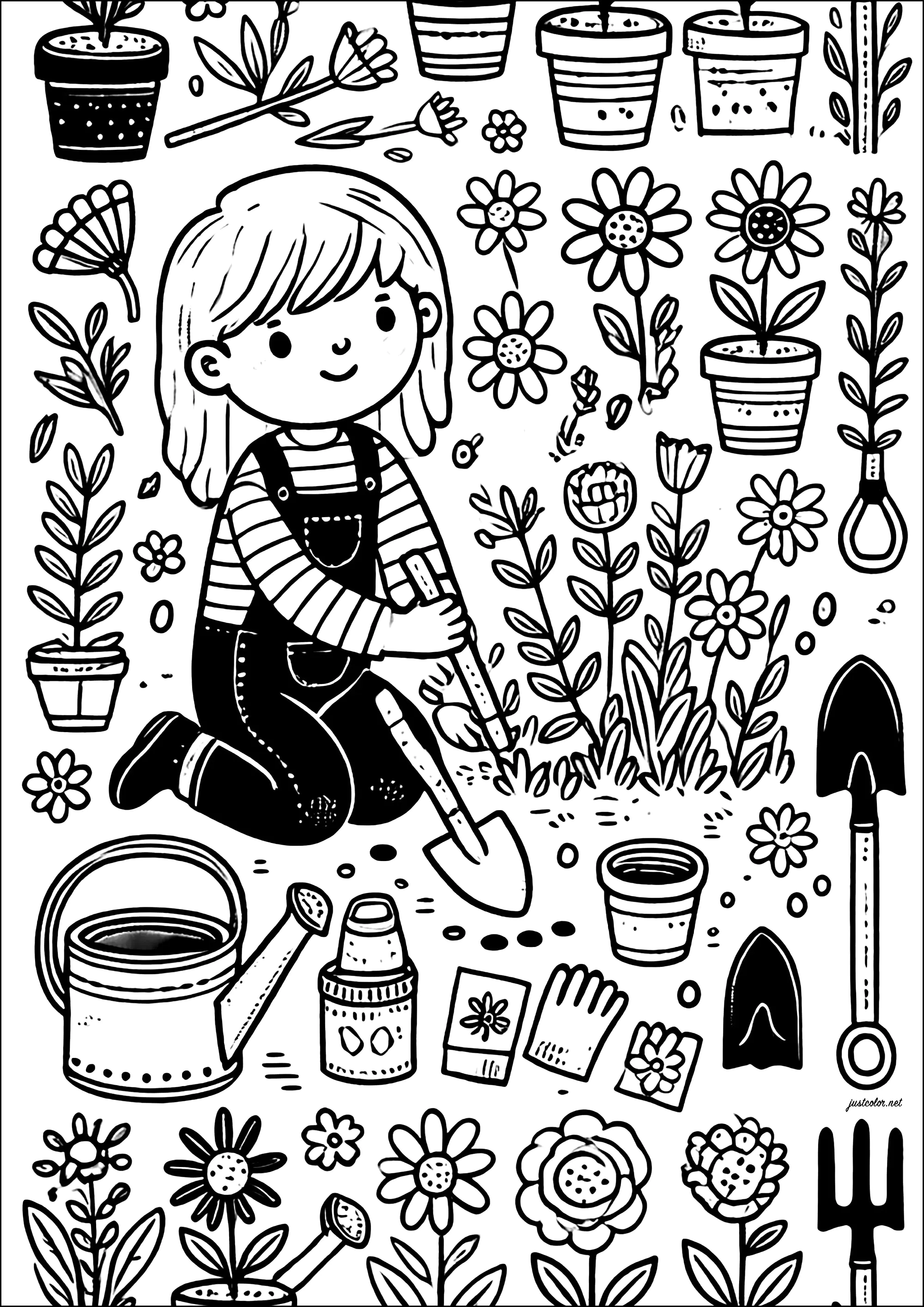 Jeune jardinière (Coloriage de Métiers à imprimer pour enfants)