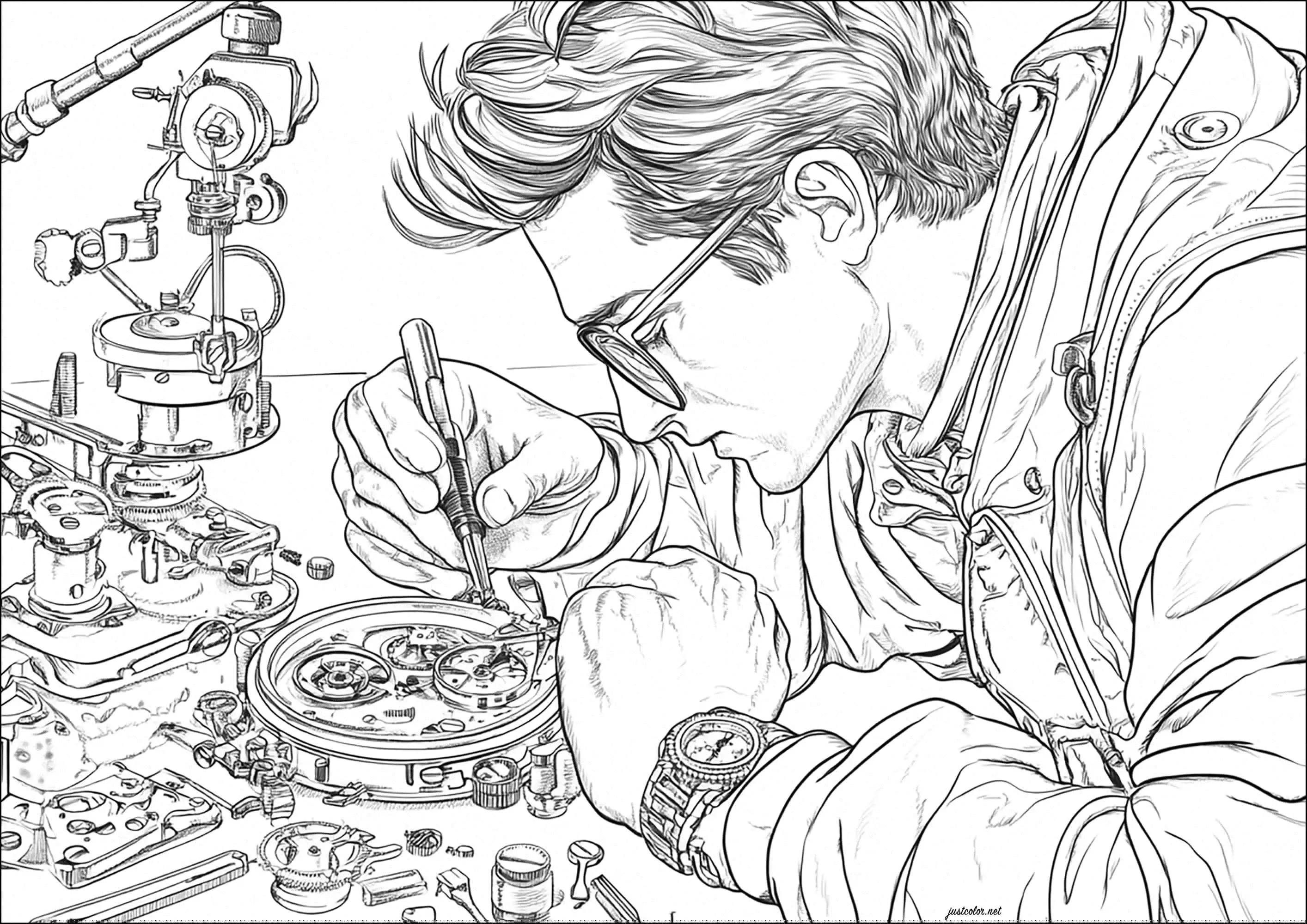 Dessin détaillé d'un horloger (Coloriage de Métiers à imprimer pour enfants)