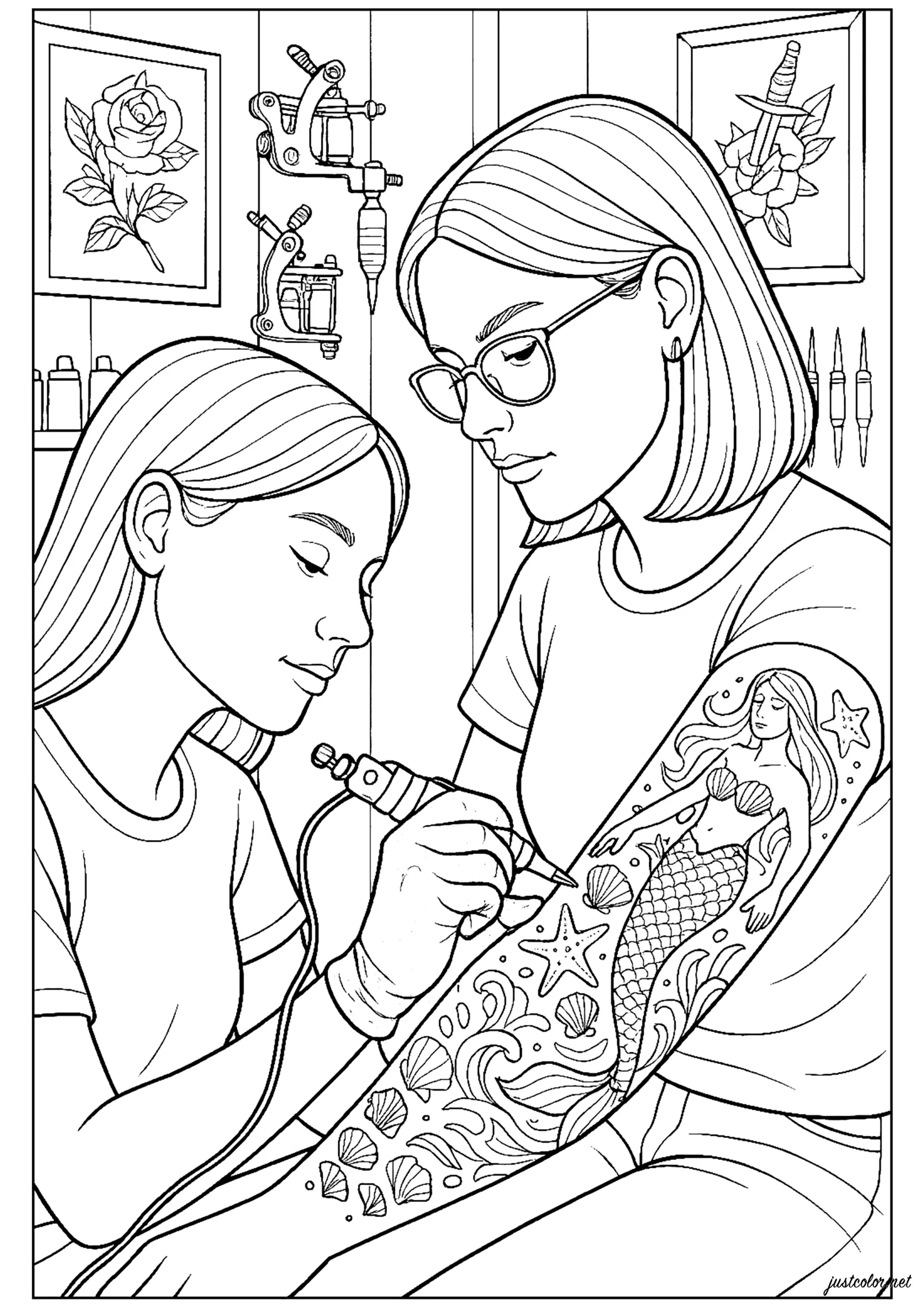 La tatoueuse (Coloriage de Métiers à imprimer pour enfants)
