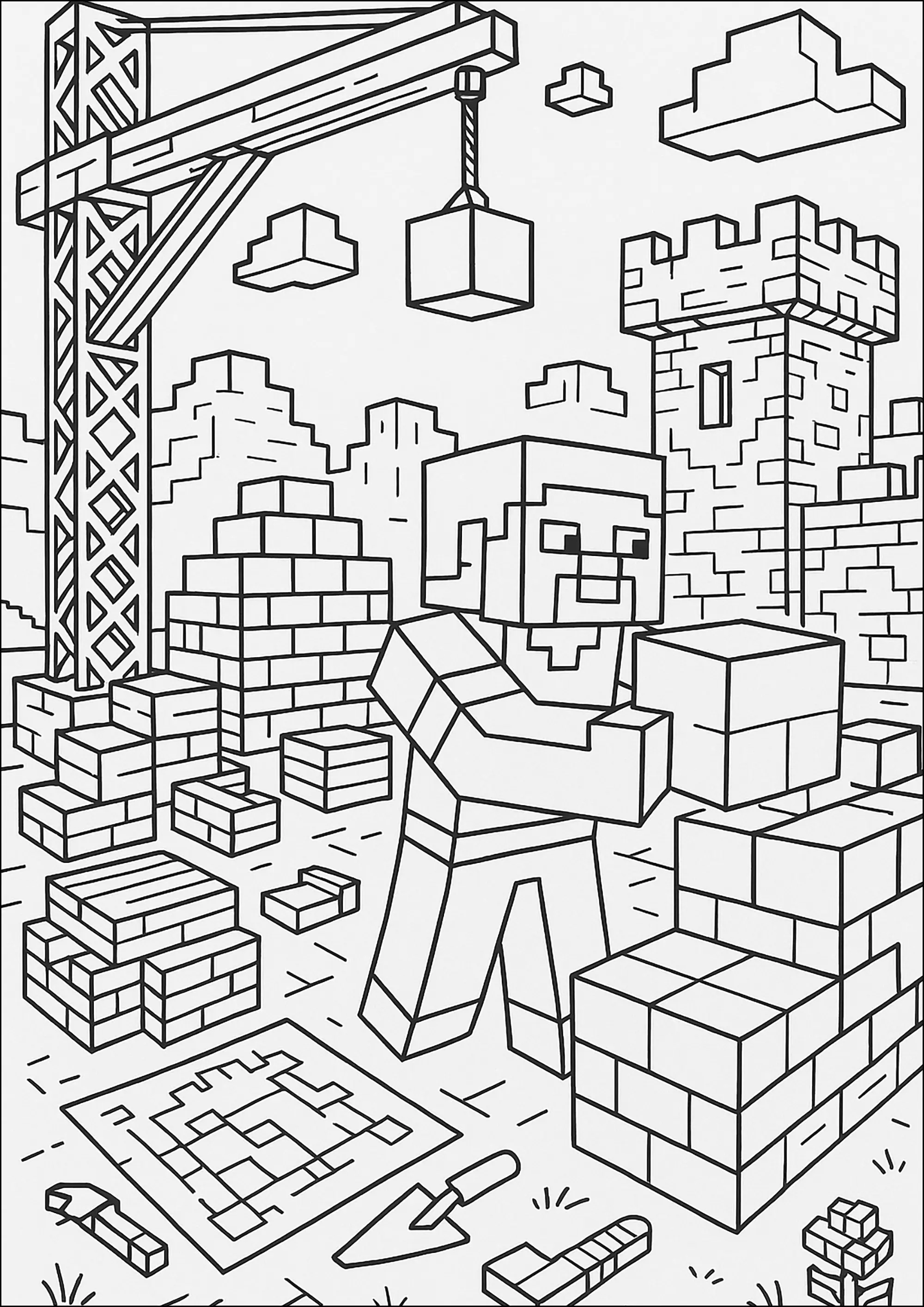 Scène de construction, avec un joueur posant des blocs pour ériger un château (Coloriage de Minecraft à imprimer pour enfants)