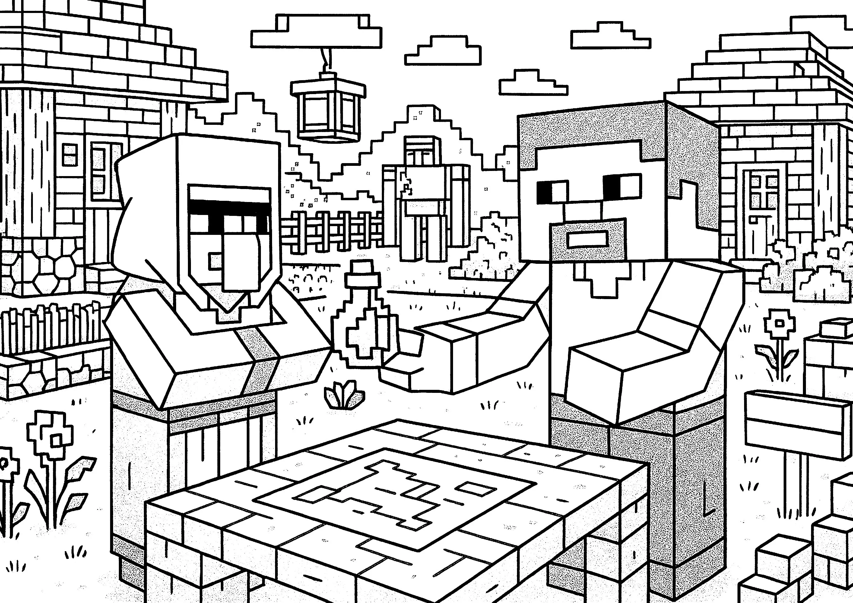 Mystérieux personnage offrant une gourde à un joeur (Coloriage de Minecraft à imprimer pour enfants)
