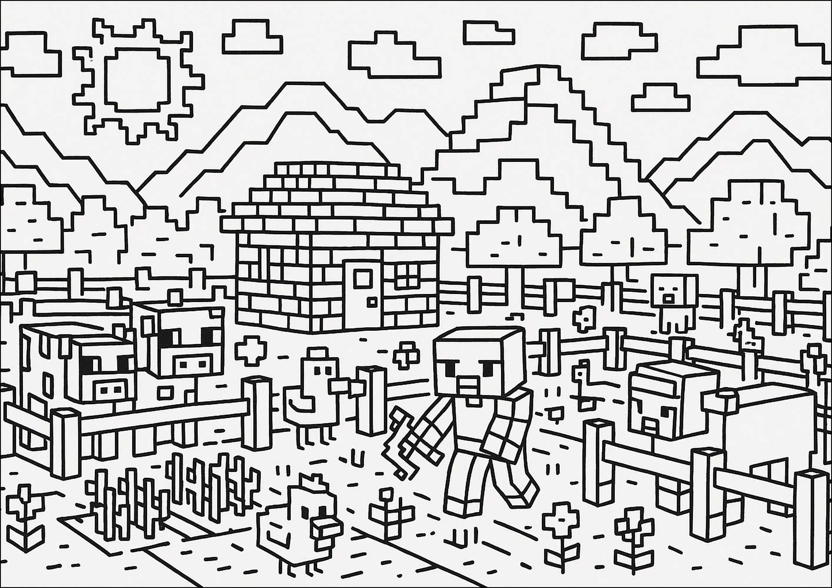 Ferme Minecraft animée (Coloriage à imprimer pour enfants)
