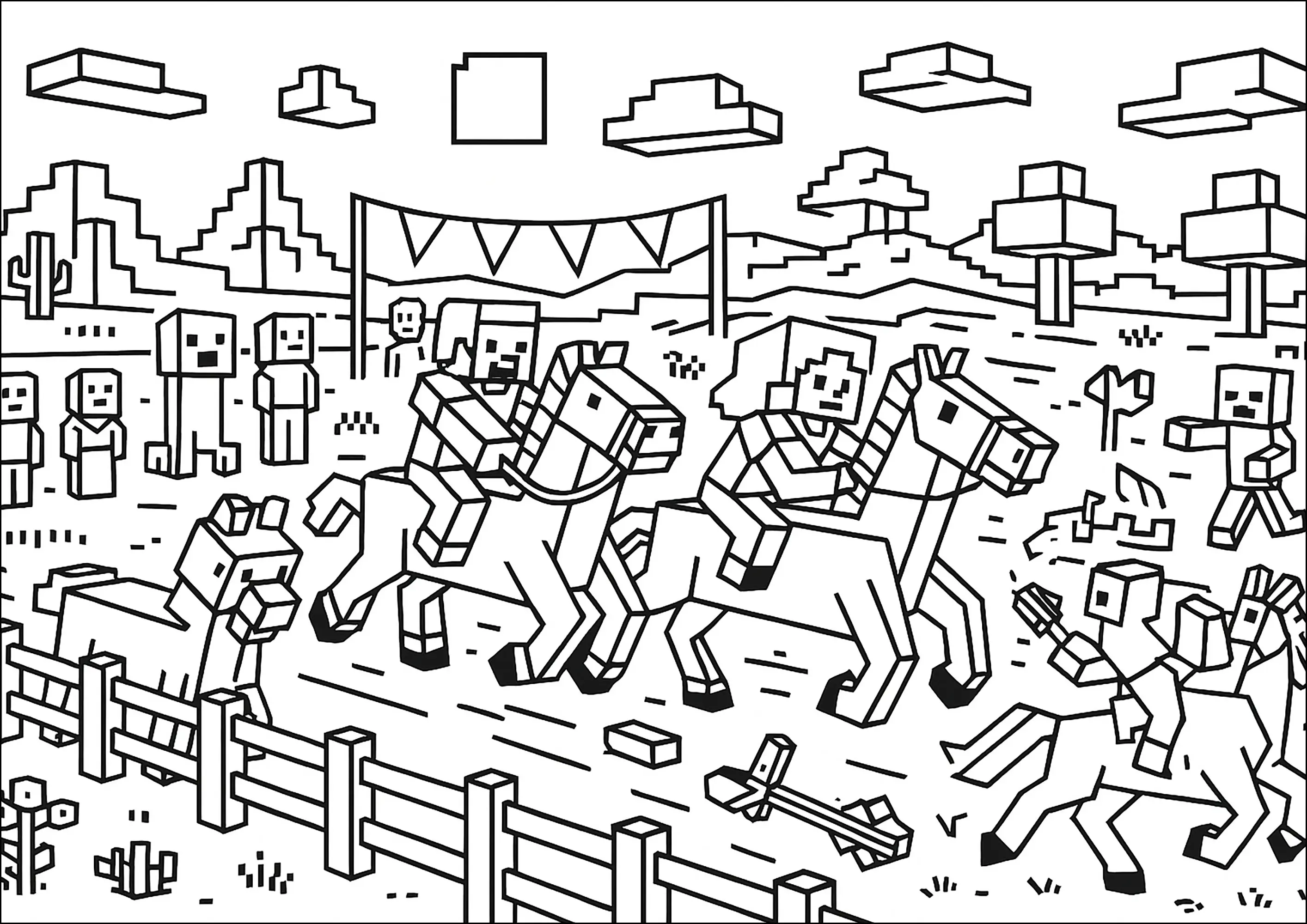 Course de chevaux avec plusieurs cavaliers sur différents chevaux (Coloriage de Minecraft à imprimer pour enfants)