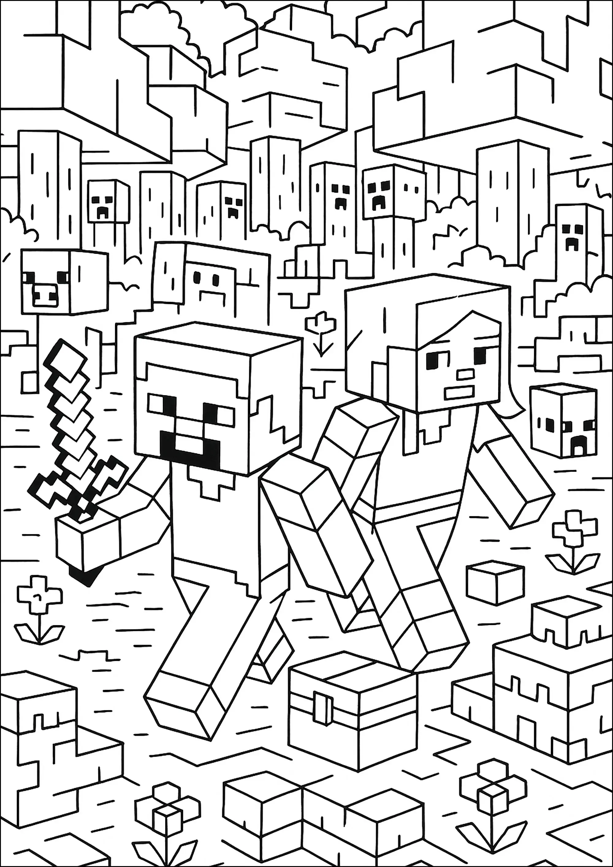 Steve et Alex en pleine aventure dans une forêt dense (Coloriage de Minecraft à imprimer pour enfants)