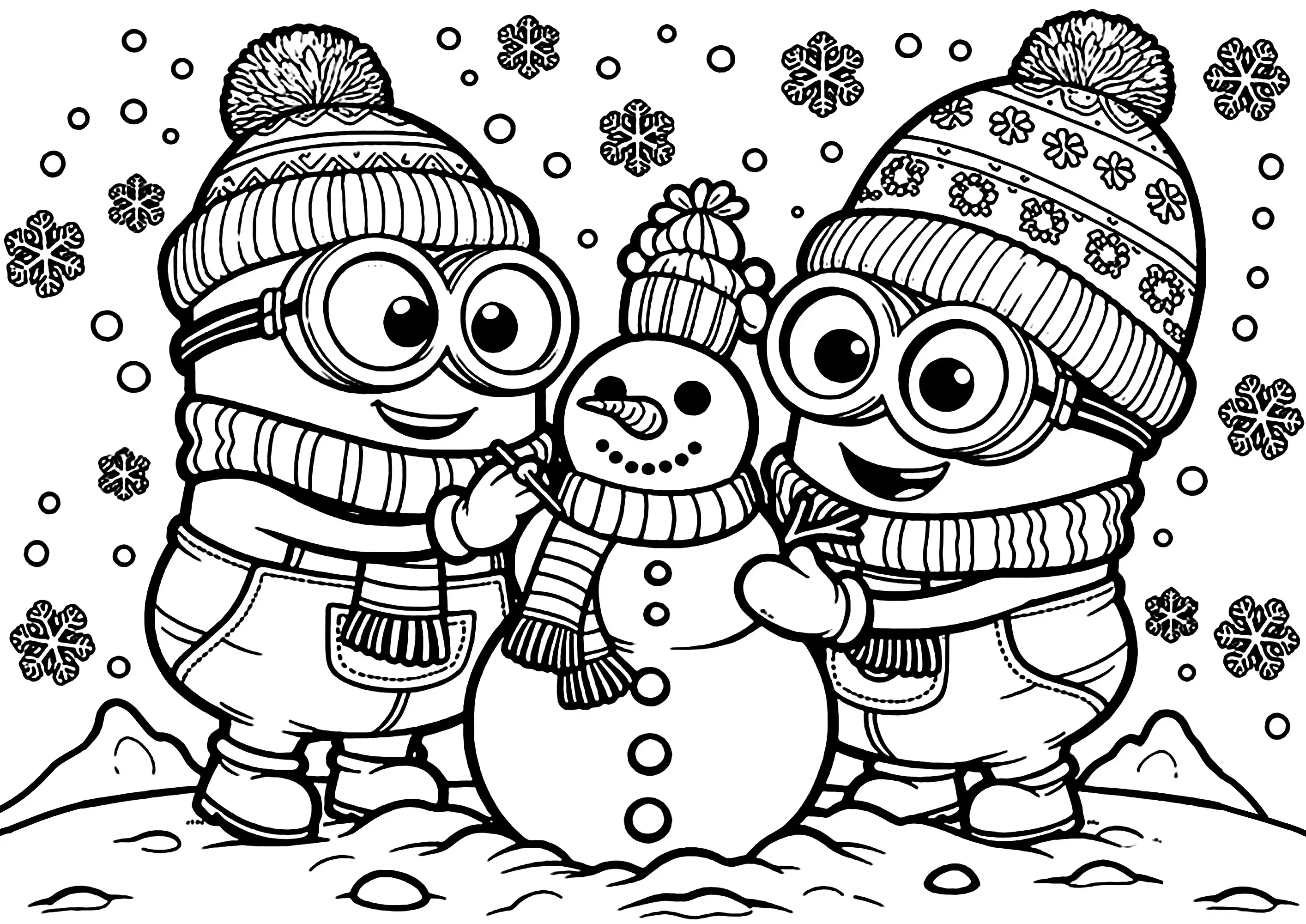 Minions et bonhomme de neige (Coloriage à imprimer pour enfants)