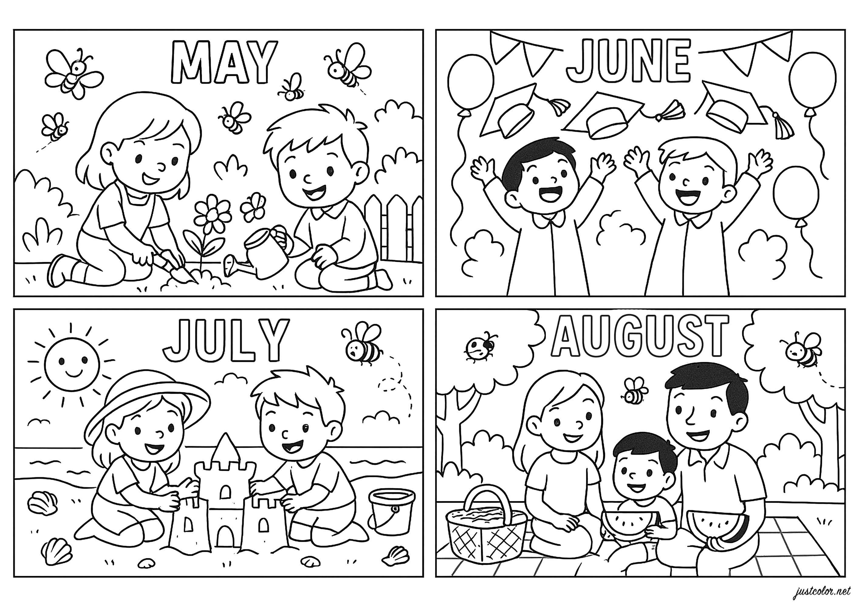 May - August (Mai à Août) - Coloriages de Mois de l'année à imprimer