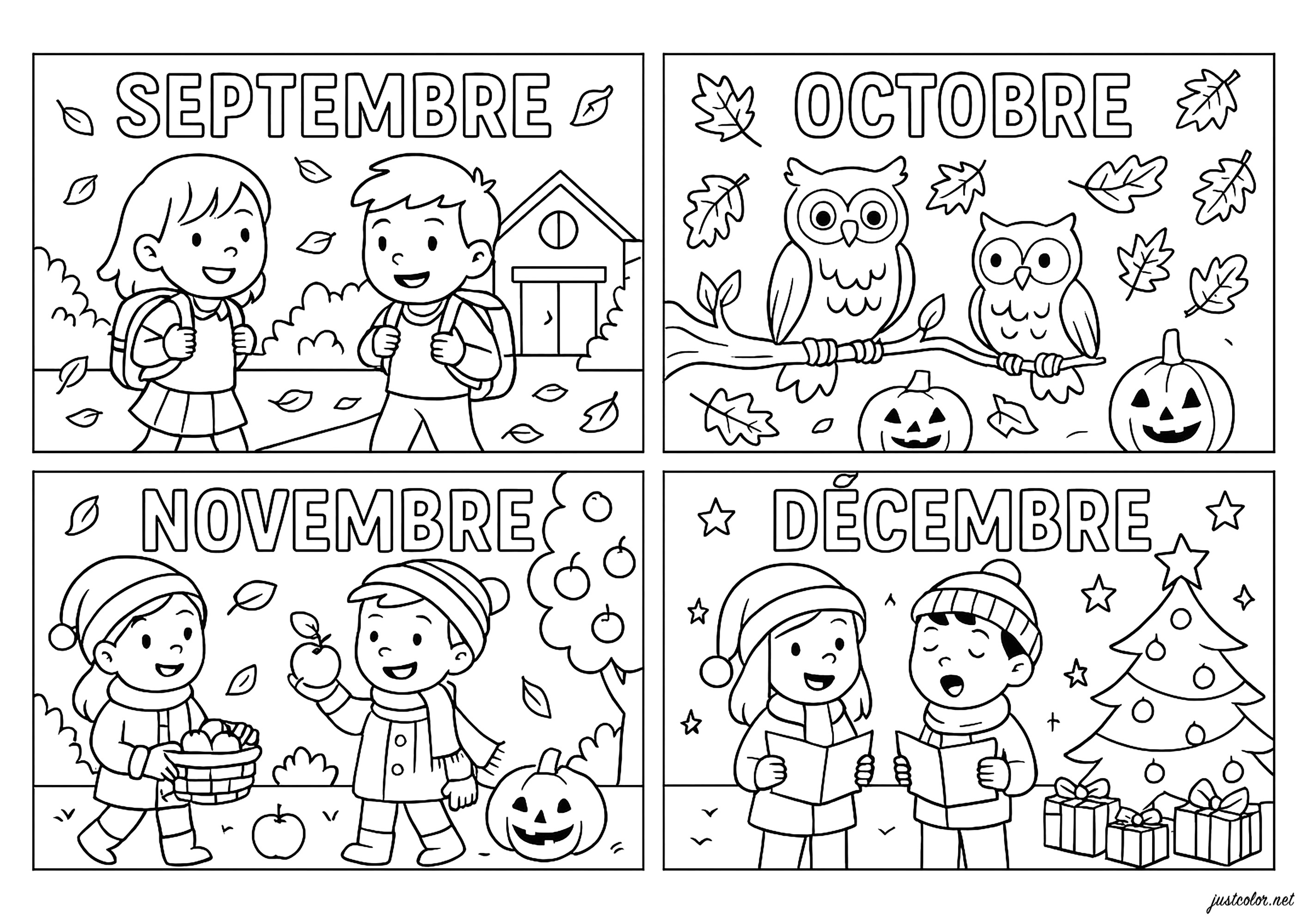 Septembre à Décembre - Coloriages de Mois de l'année à imprimer