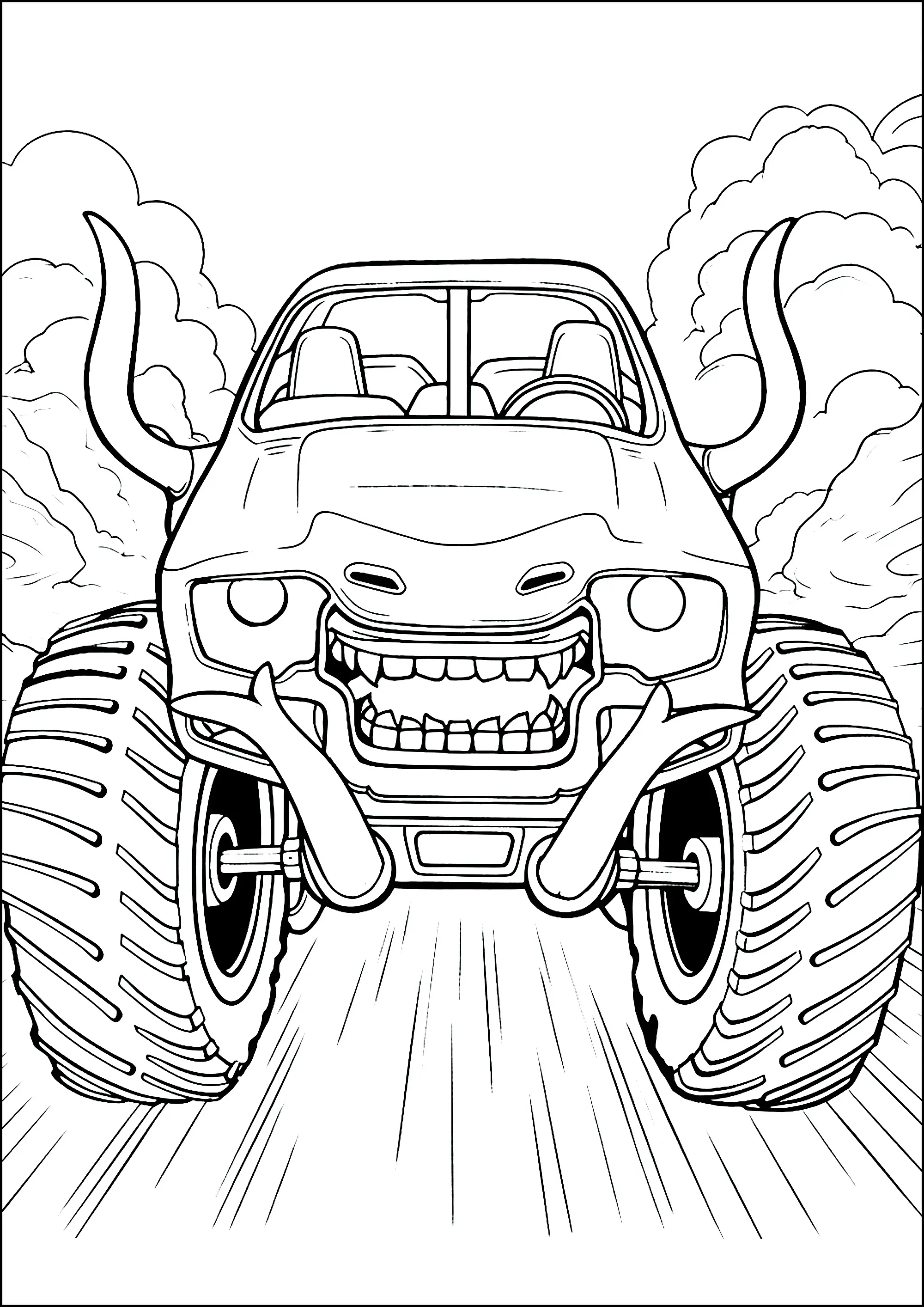Monster Truck avec des cornes (Coloriage à imprimer pour enfants)
