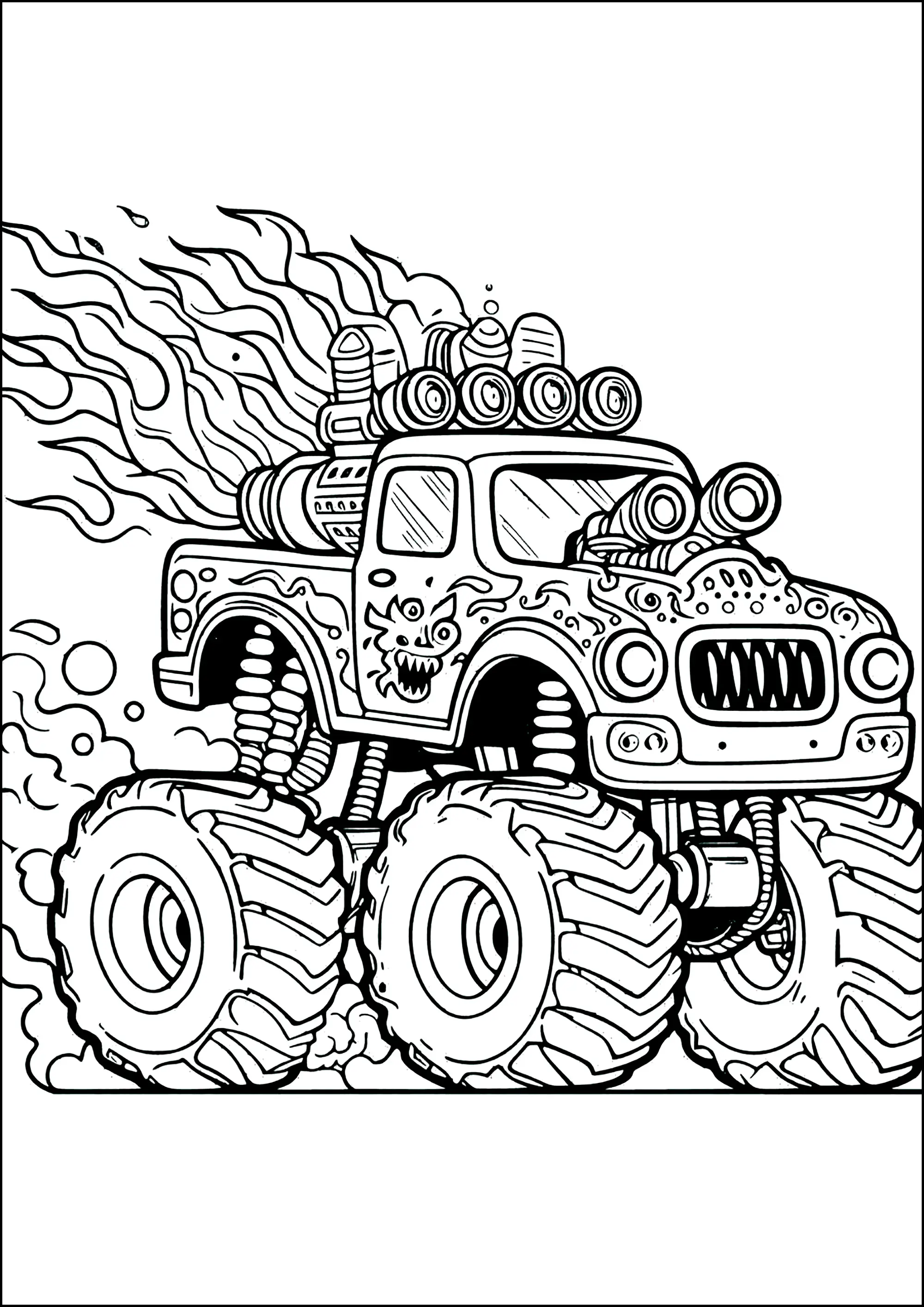 Monster Truck avec des flammes sortant de ses énormes pots d'échapement (Coloriage à imprimer pour enfants)