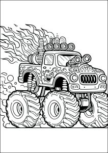 Monster Truck avec des flammes sortant de ses énormes pots d'échapement