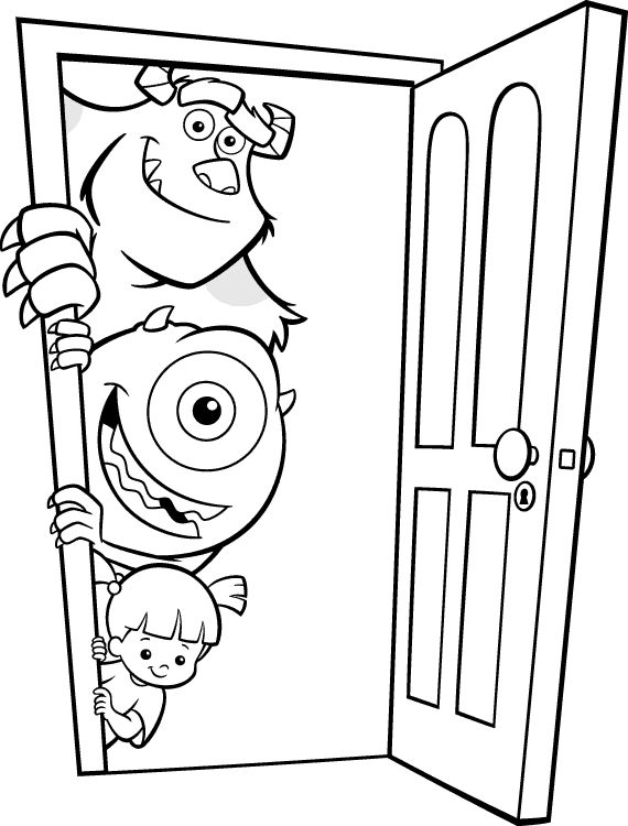 Coloriage de Monstres & Cie : Bob, Sully et Bouh derrière la porte Coloriage de Monstres & Cie à imprimer pour enfants : Bob, Sully et Bouh derrière la porte