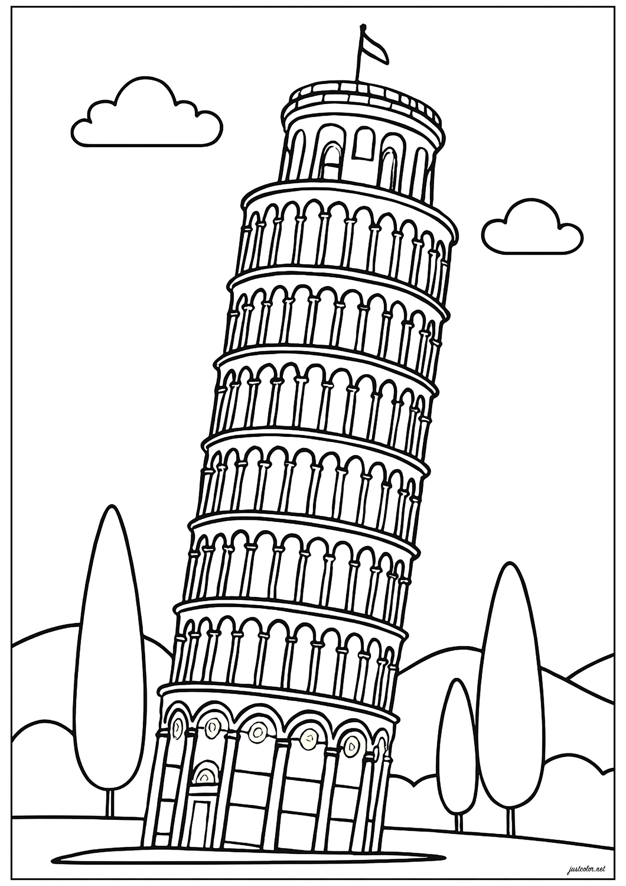 La Tour de Pise, en Italie (Coloriage de Monuments à imprimer pour enfants)