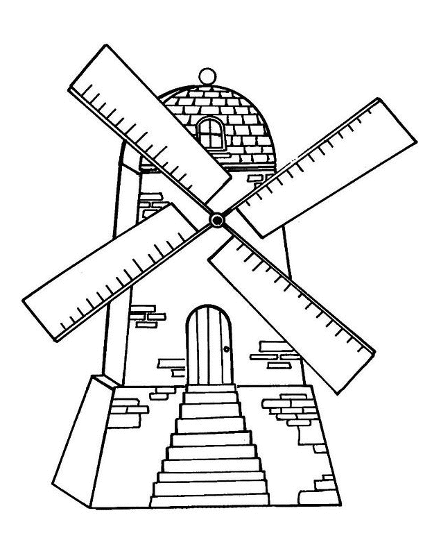 Incroyable Coloriage de monument, simple, pour enfants : Moulin