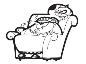 Cette Grand-mère avec son chat n'a pas l'air très sympathique (Coloriage de Personnages TV)