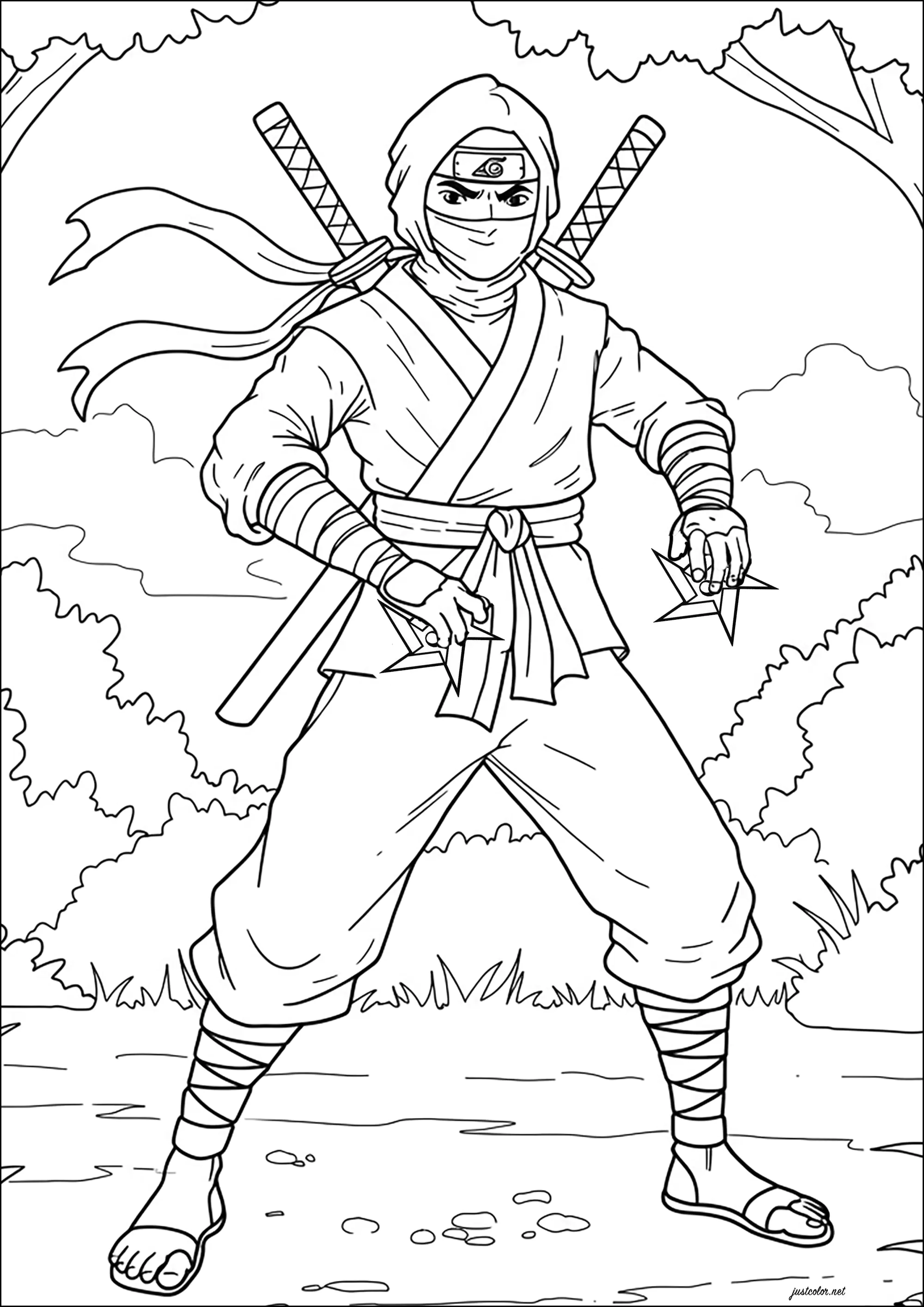 Ninja tenant deux étoiles dans les mains (Coloriage à imprimer pour enfants)