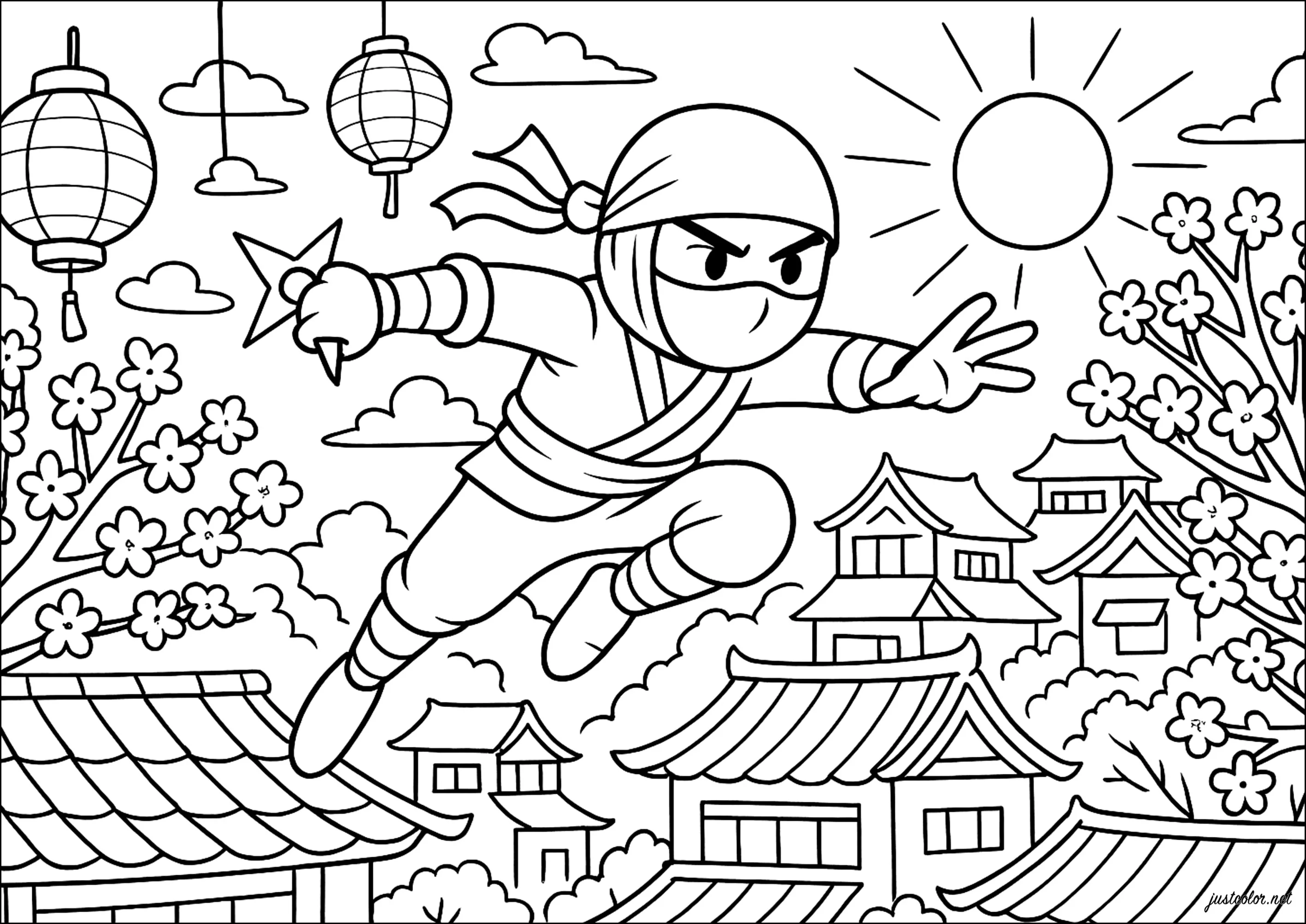 Ninja en pleine action (Coloriage à imprimer pour enfants)