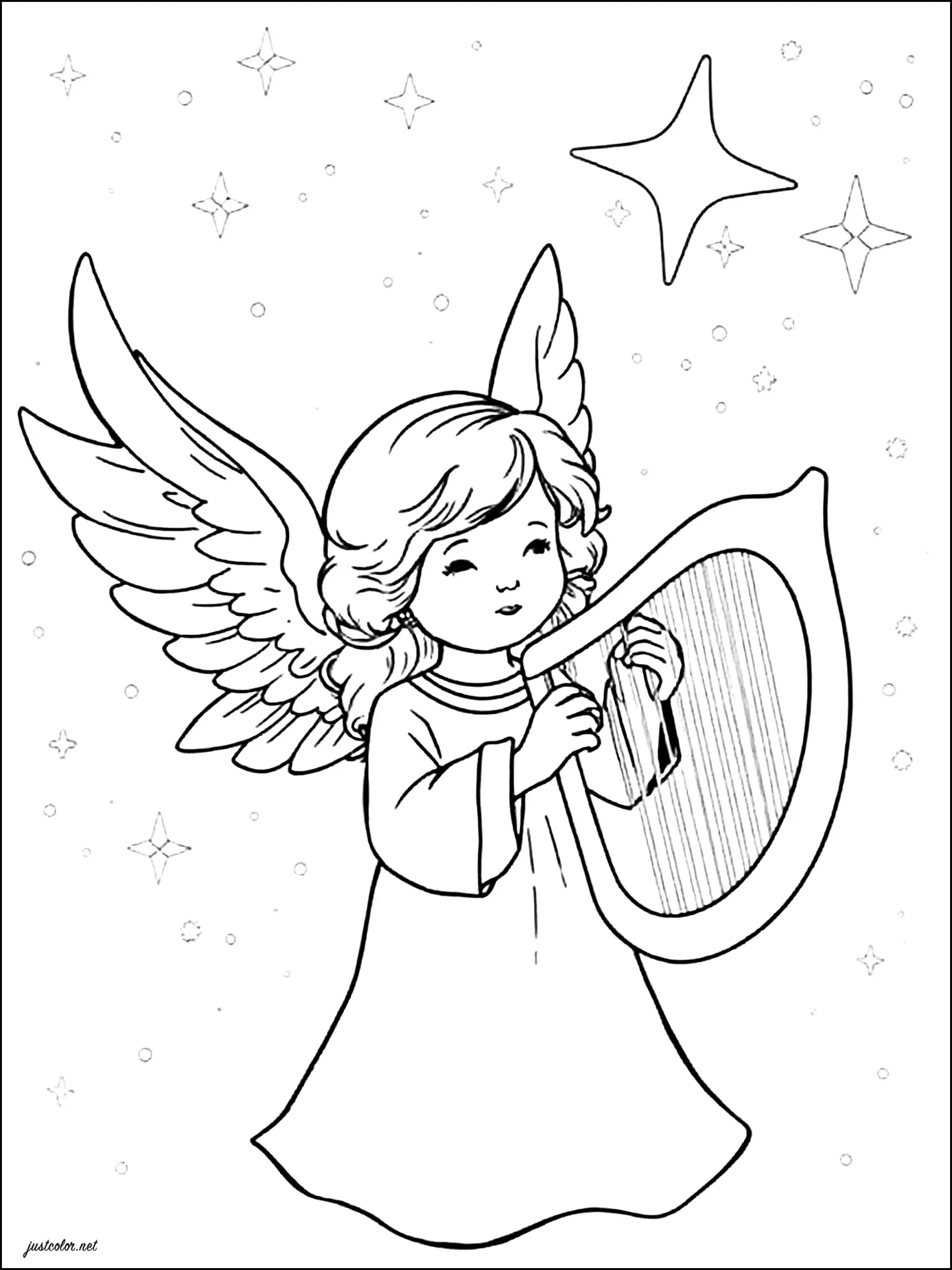 Ange de Noël jouant à la harpe (Coloriage à imprimer pour enfants)