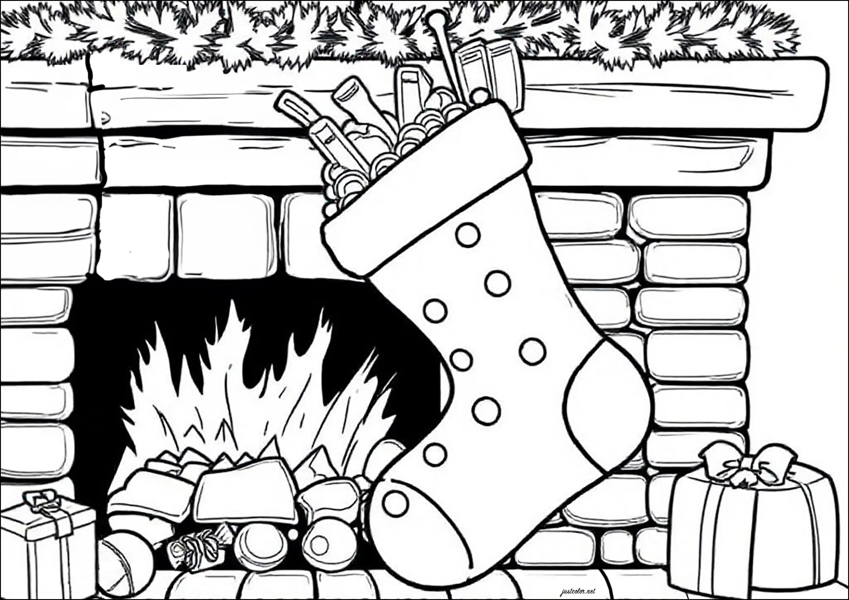 Chaussette de Noël devant une cheminée et des cadeaux (Coloriage à imprimer pour enfants)