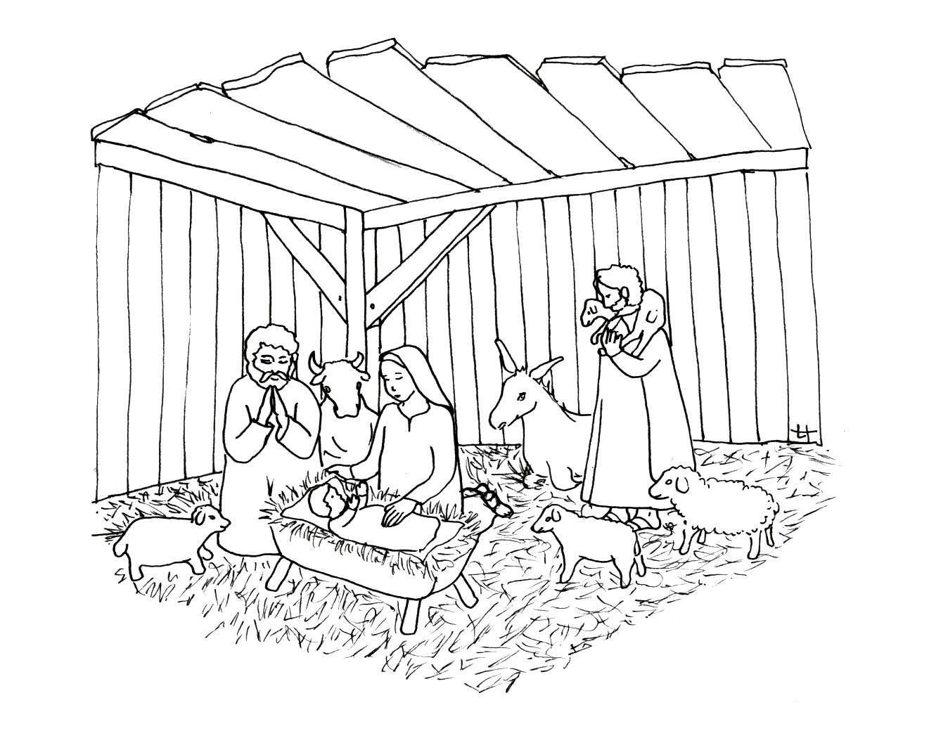 Dessin de crèche de Noël à imprimer et colorier