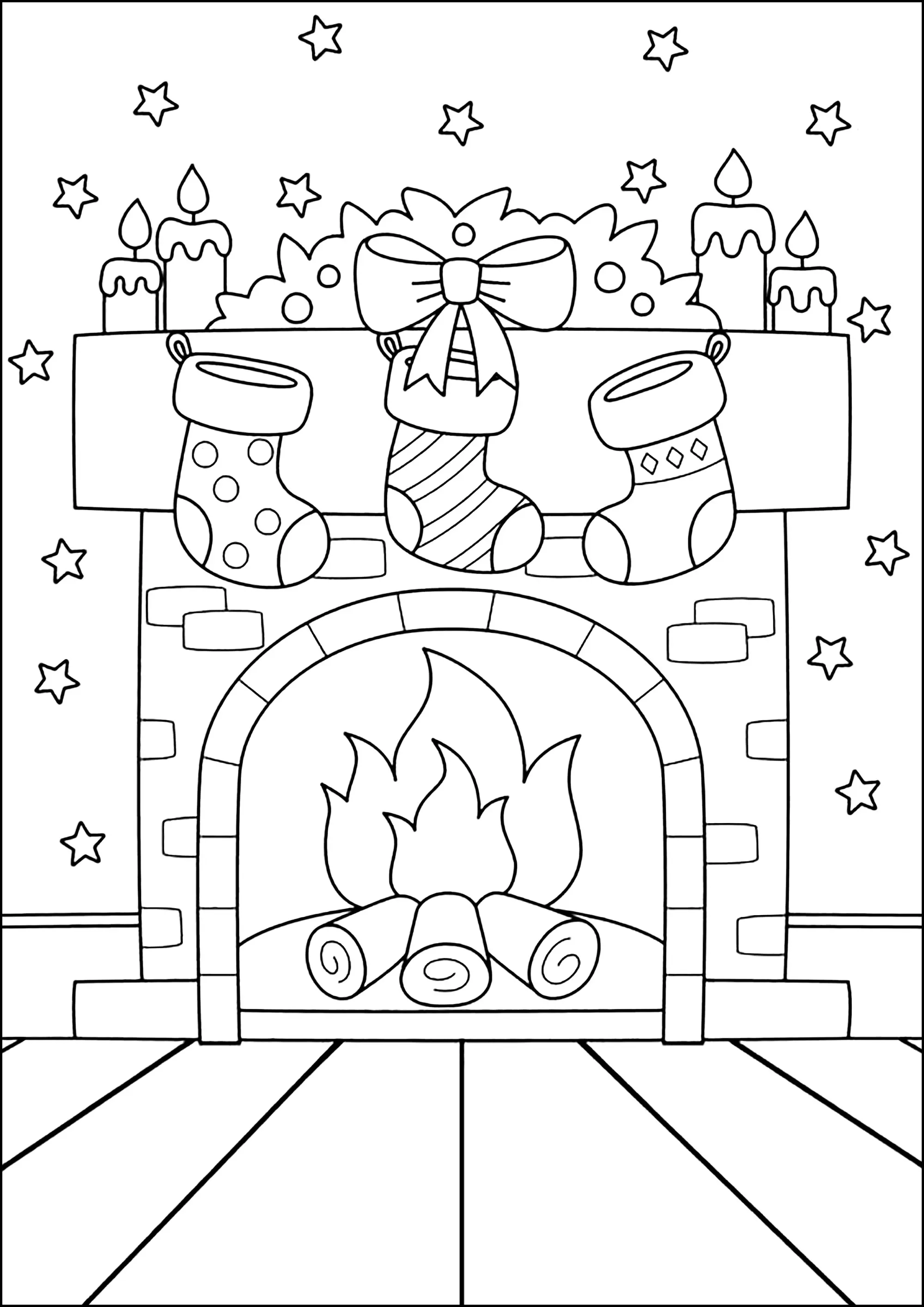 Cheminée décorée pour Noël (Coloriage à imprimer pour enfants)