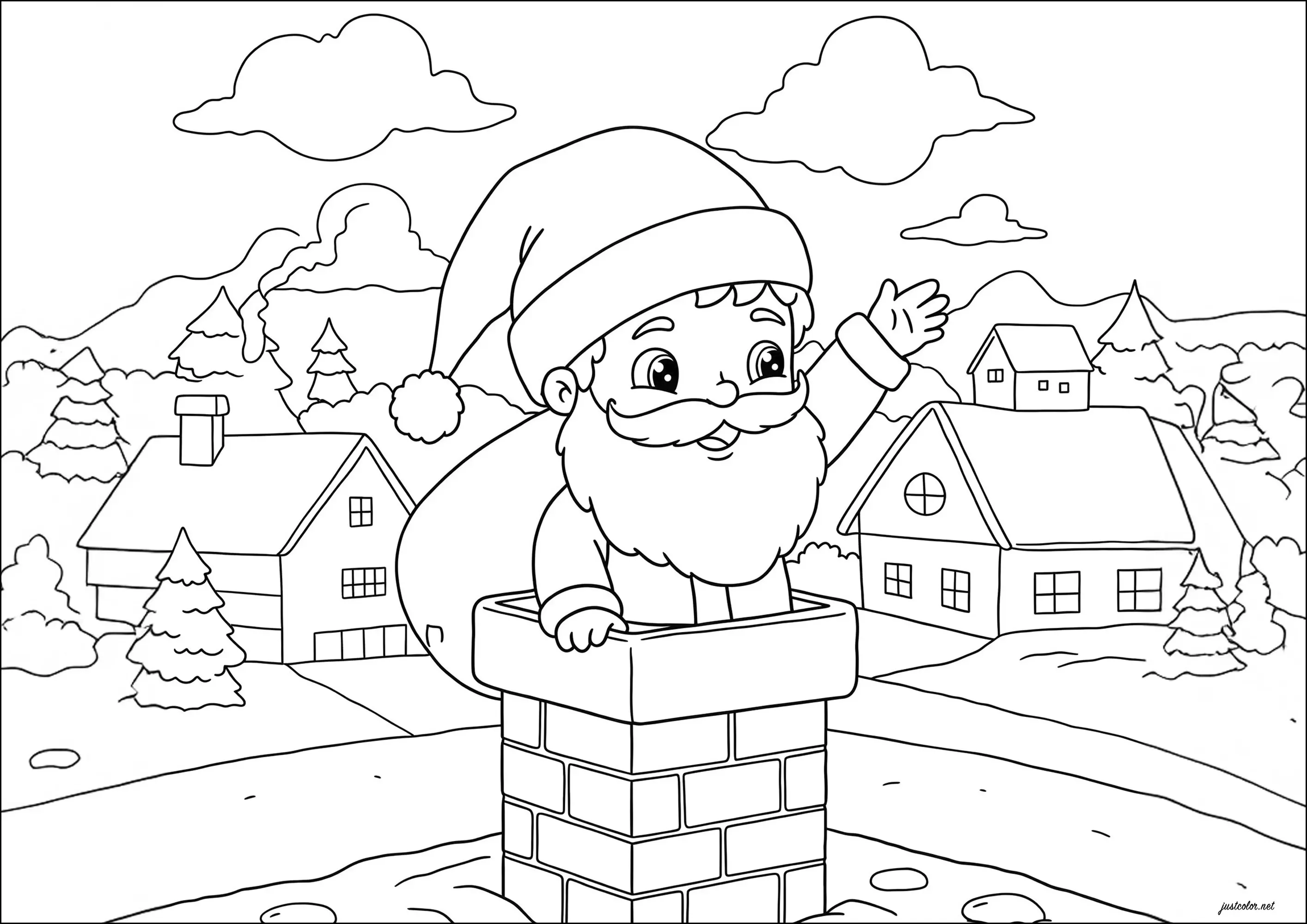 Jeune Père Noël entrant dans une cheminée (Coloriage à imprimer pour enfants)