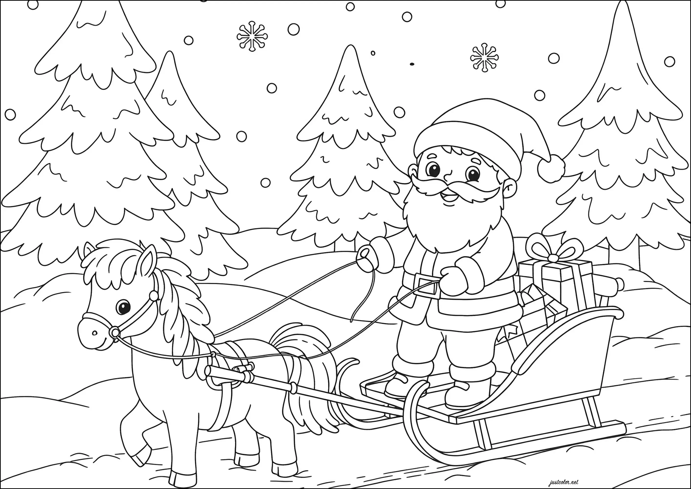 Jeune Père Noël sur son traineau, tiré par une licorne (Coloriage à imprimer pour enfants)