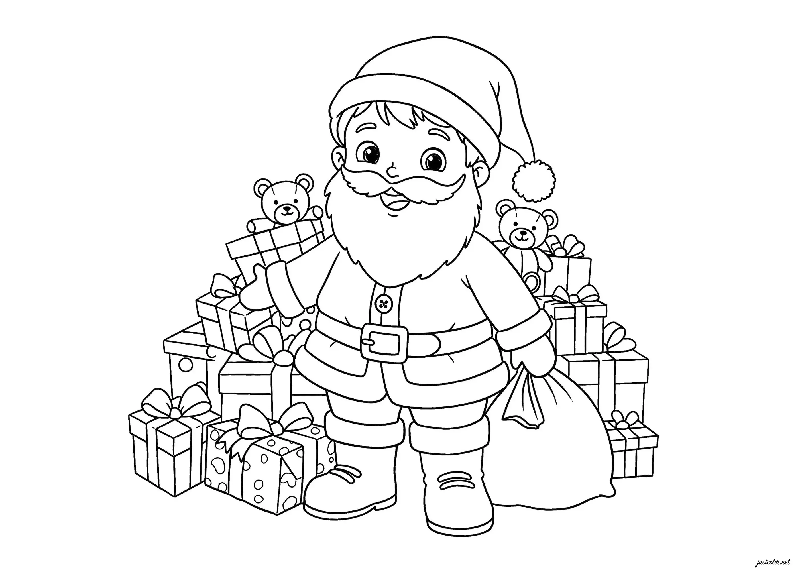 Jeune Père-Noël avec plein de cadeaux (Coloriage à imprimer pour enfants)