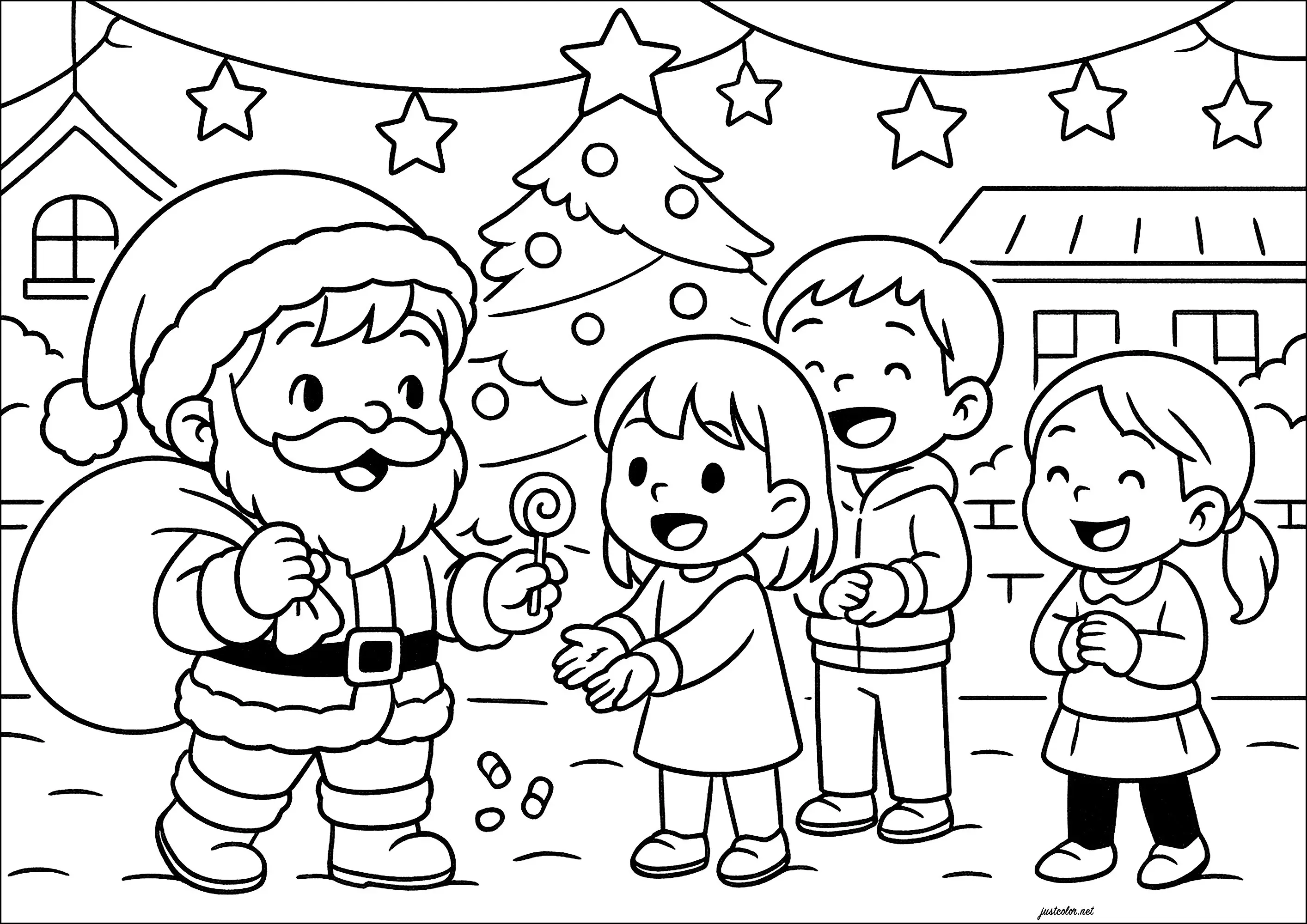 Ce jeune Père Noël offre des bonbons et sucettes aux enfants (Coloriage à imprimer pour enfants)