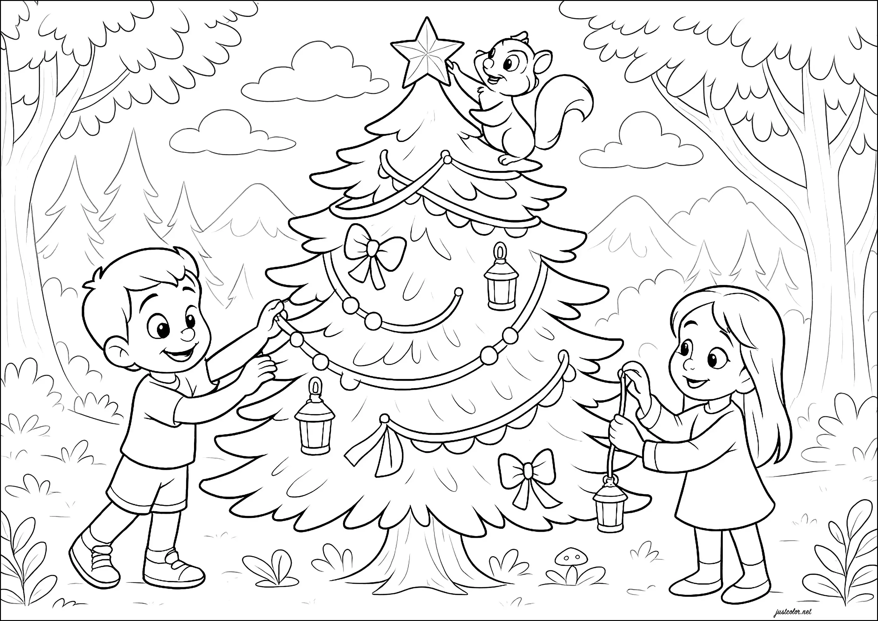 Décoration d'un sapin dans la forêt (Coloriage de Noël à imprimer pour enfants)
