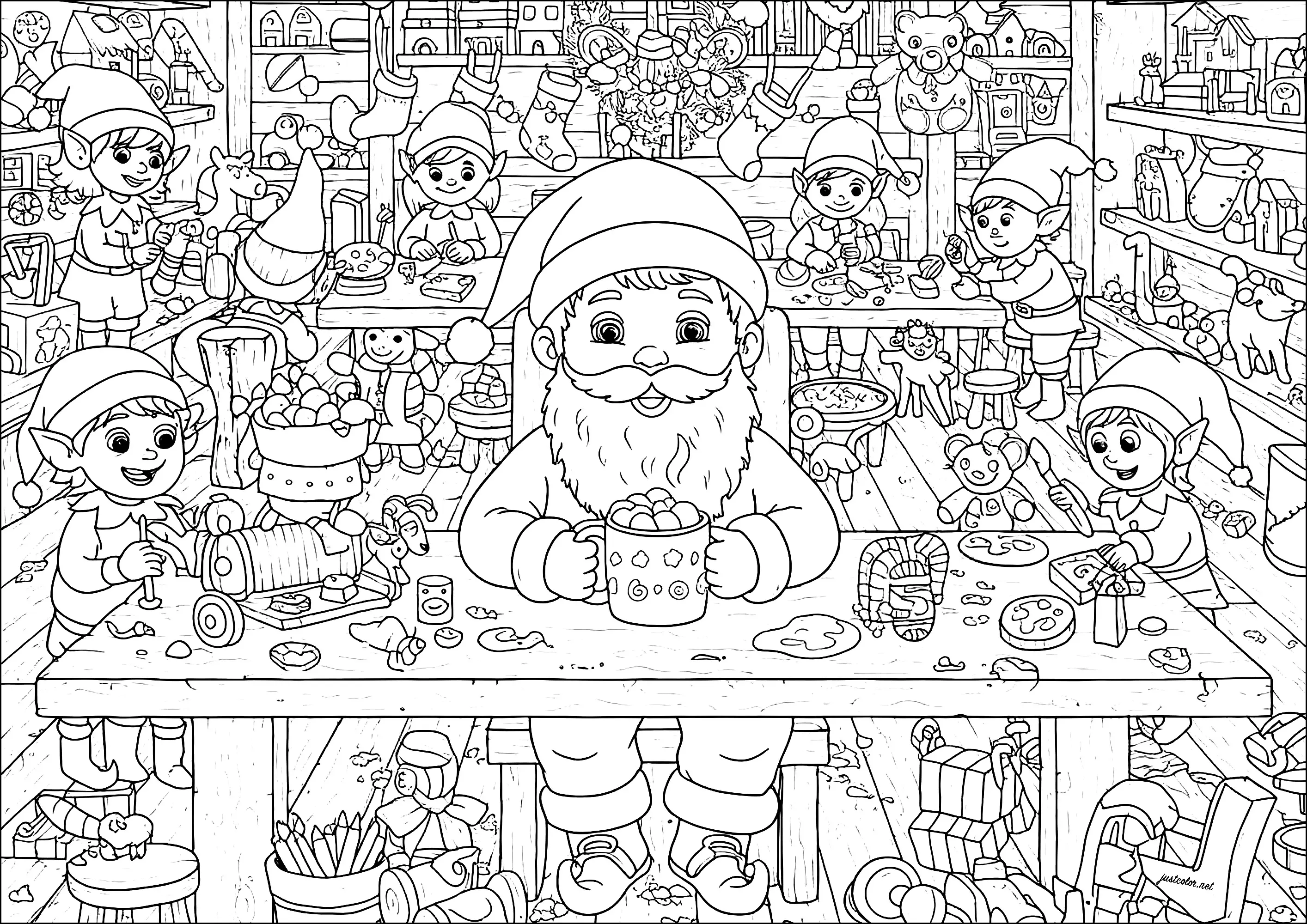 Le Père Noël dans son atelier avec plein de lutins (Coloriage à imprimer pour enfants)