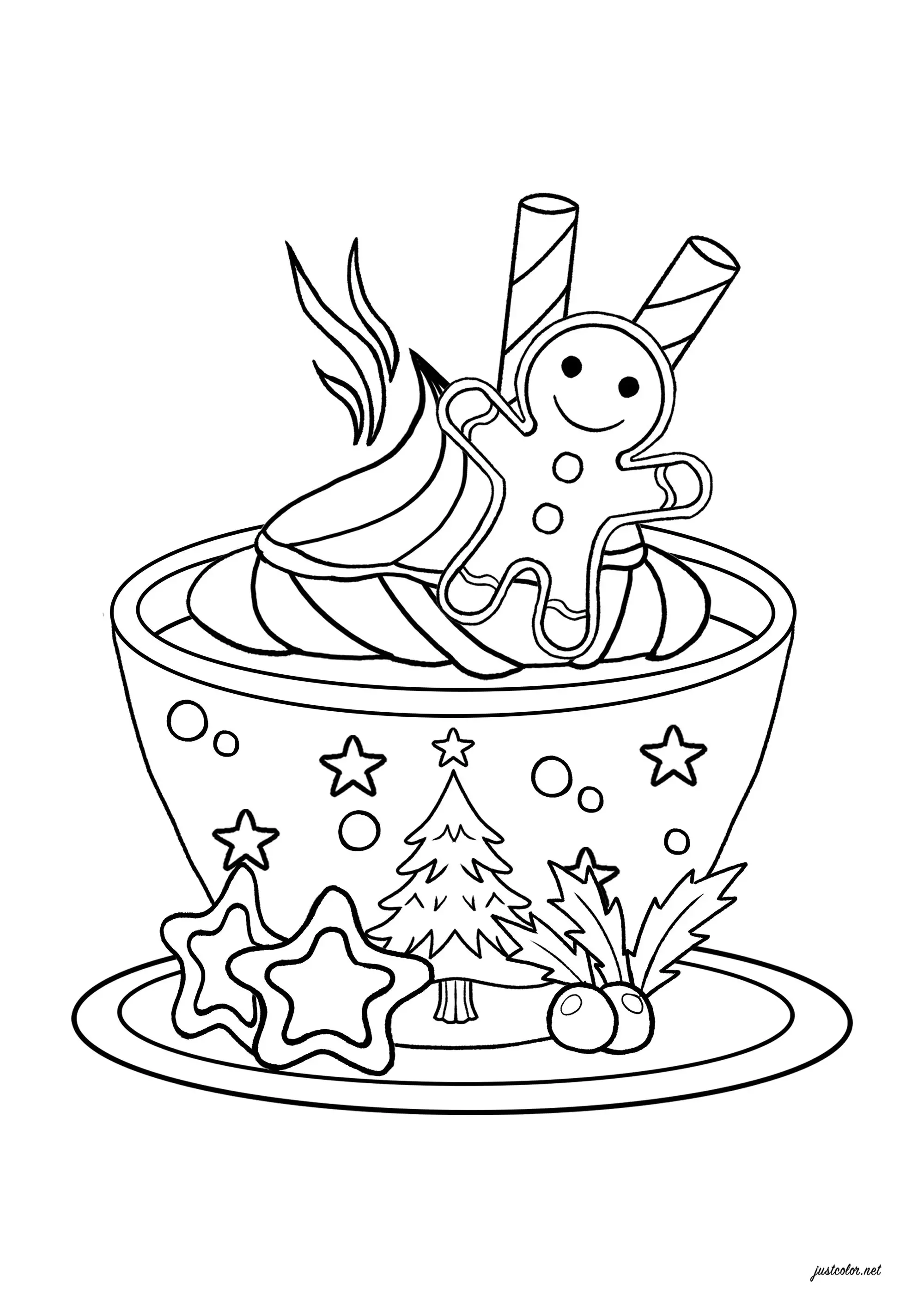 Bol de chocolat chaud avec bonhomme de pain d'épice (Coloriage de Noël à imprimer pour enfants)