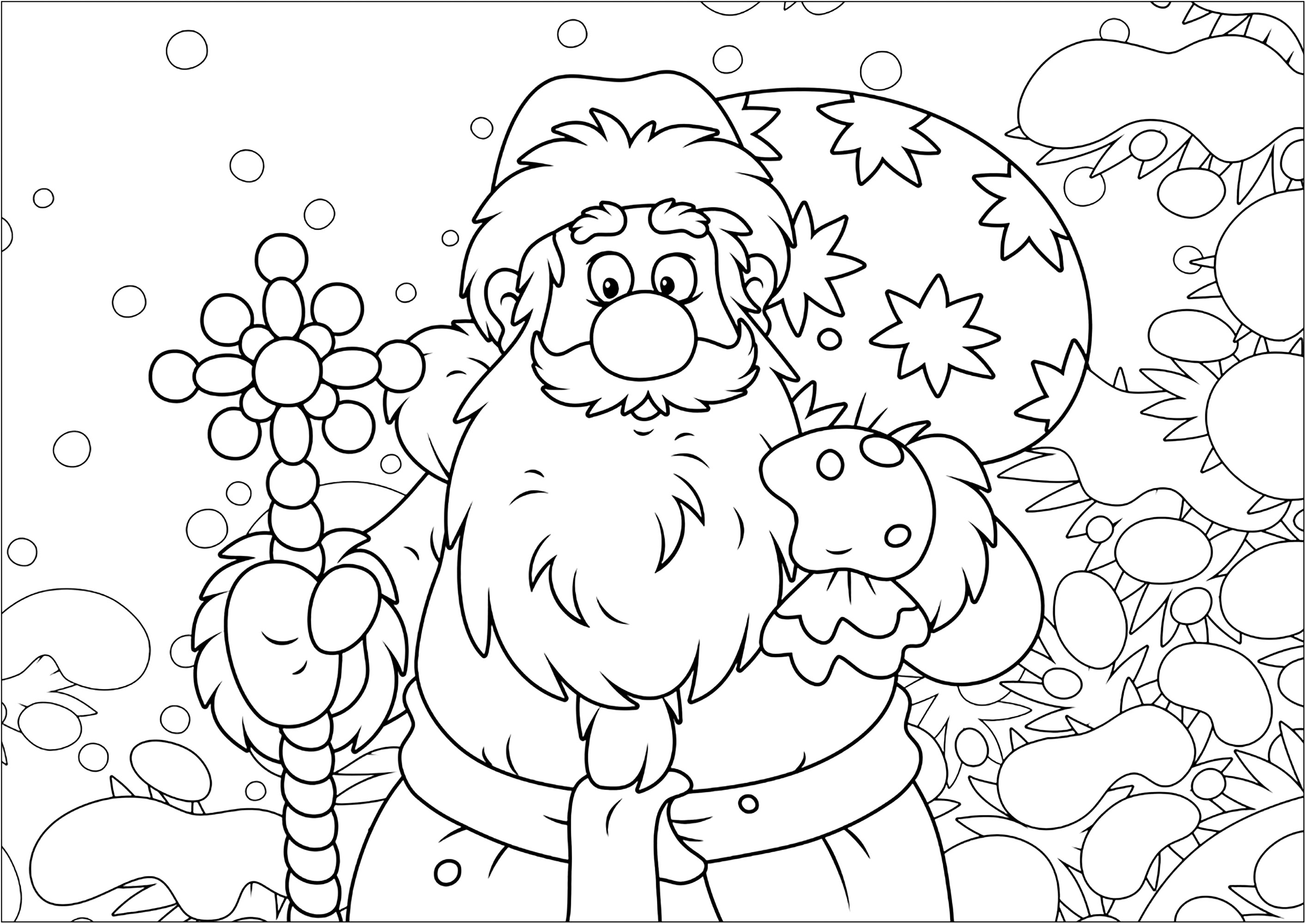 Joli Père-Noël et sa hotte pleine de cadeaux. Un joli coloriage de Noël, avec un paysage enneigé et un Père-Noël dessiné avec un style très 'cartoon', Source : 123rf   Artiste : Alex. Bannykh