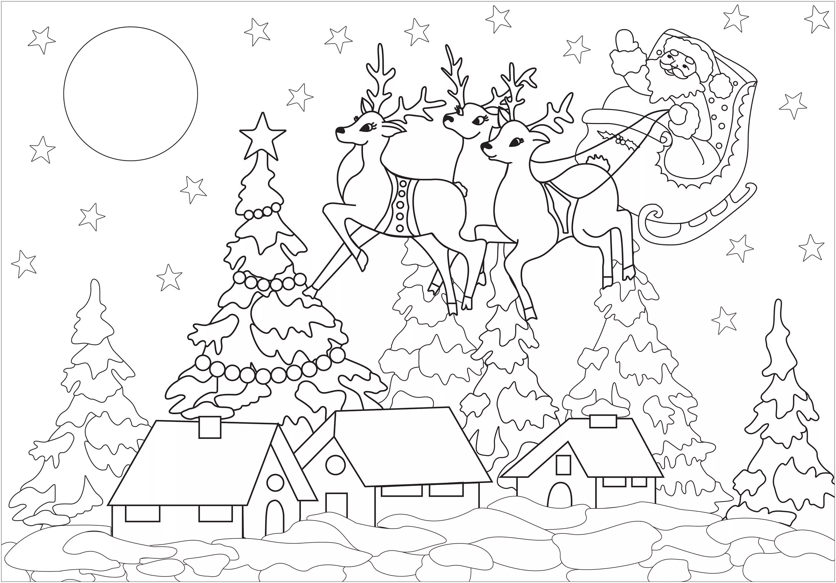 Joli village de Noël (Coloriage à imprimer pour enfants)