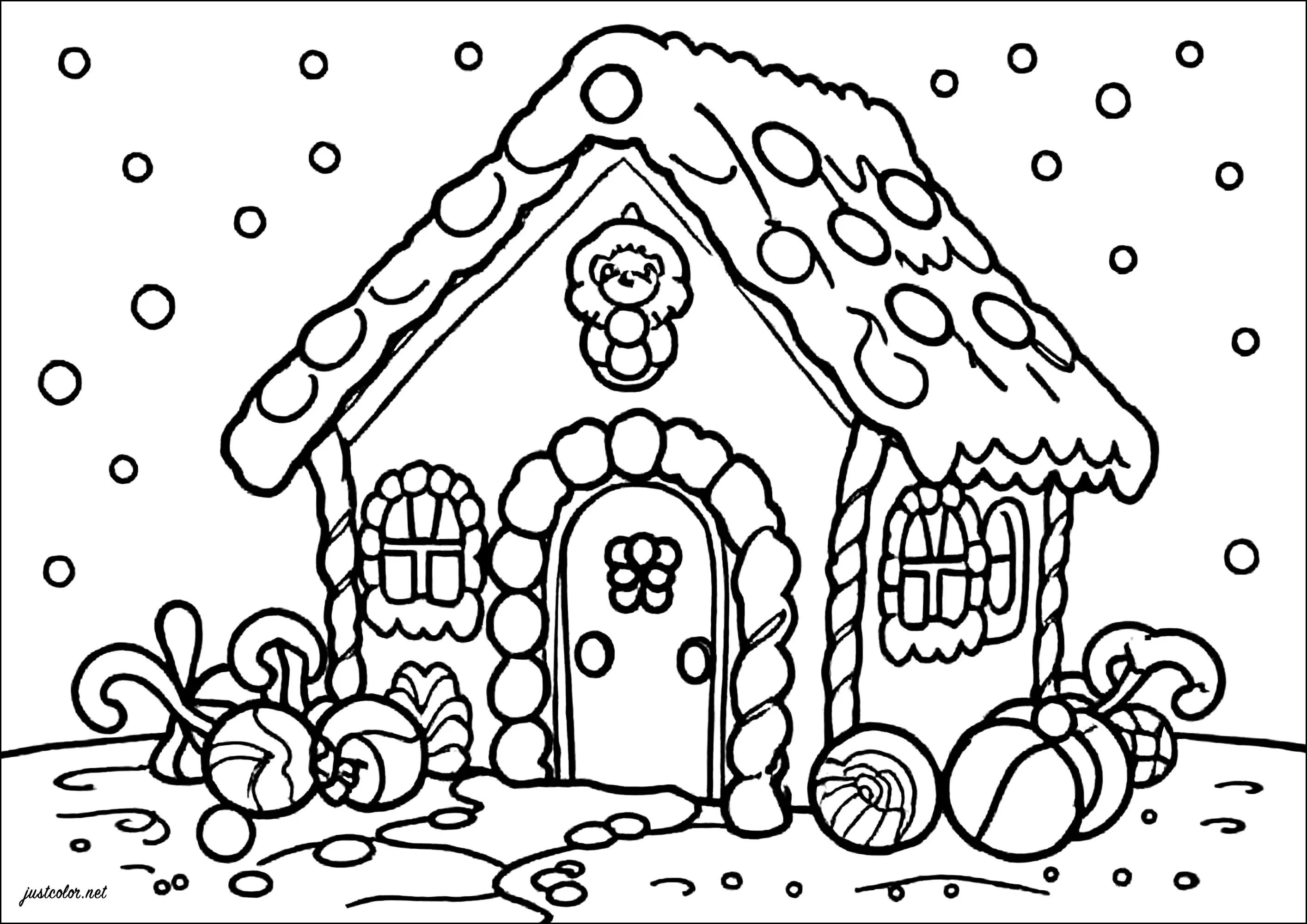Maison de pain d'épice (Coloriage de Noël à imprimer pour enfants)