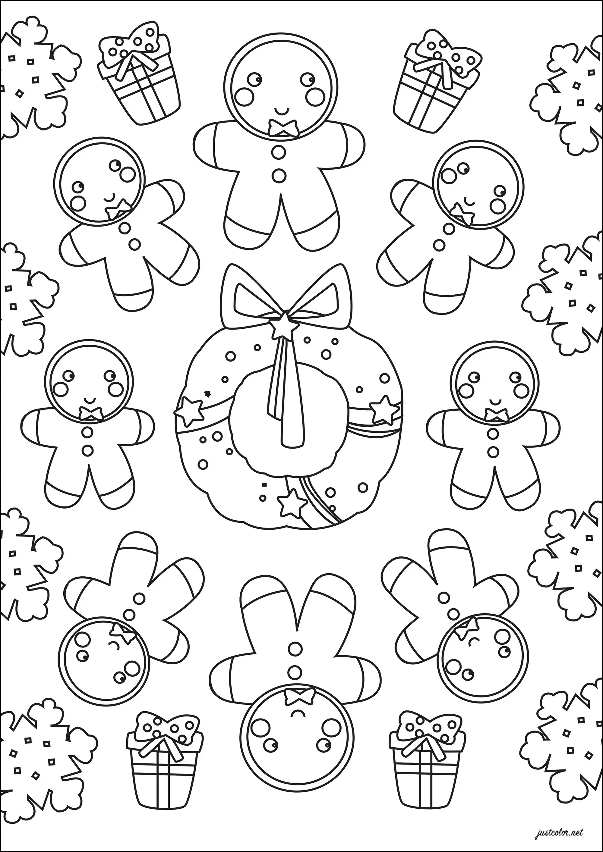 Bonhommes de pain d'épice et Donuts (Coloriage de Noël à imprimer pour enfants)
