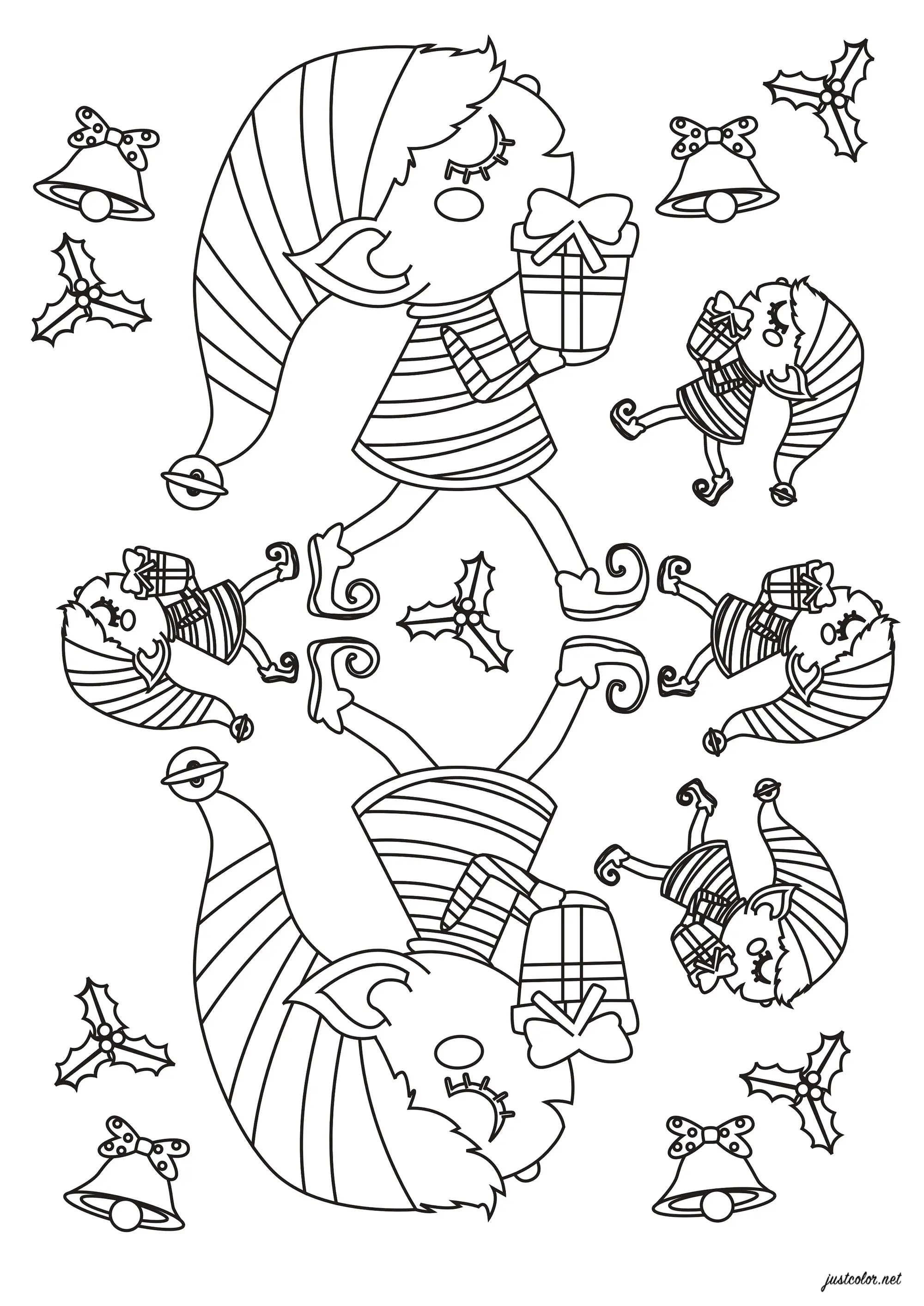 Lutins de Noël avec des cadeaux (Coloriage à imprimer pour enfants)