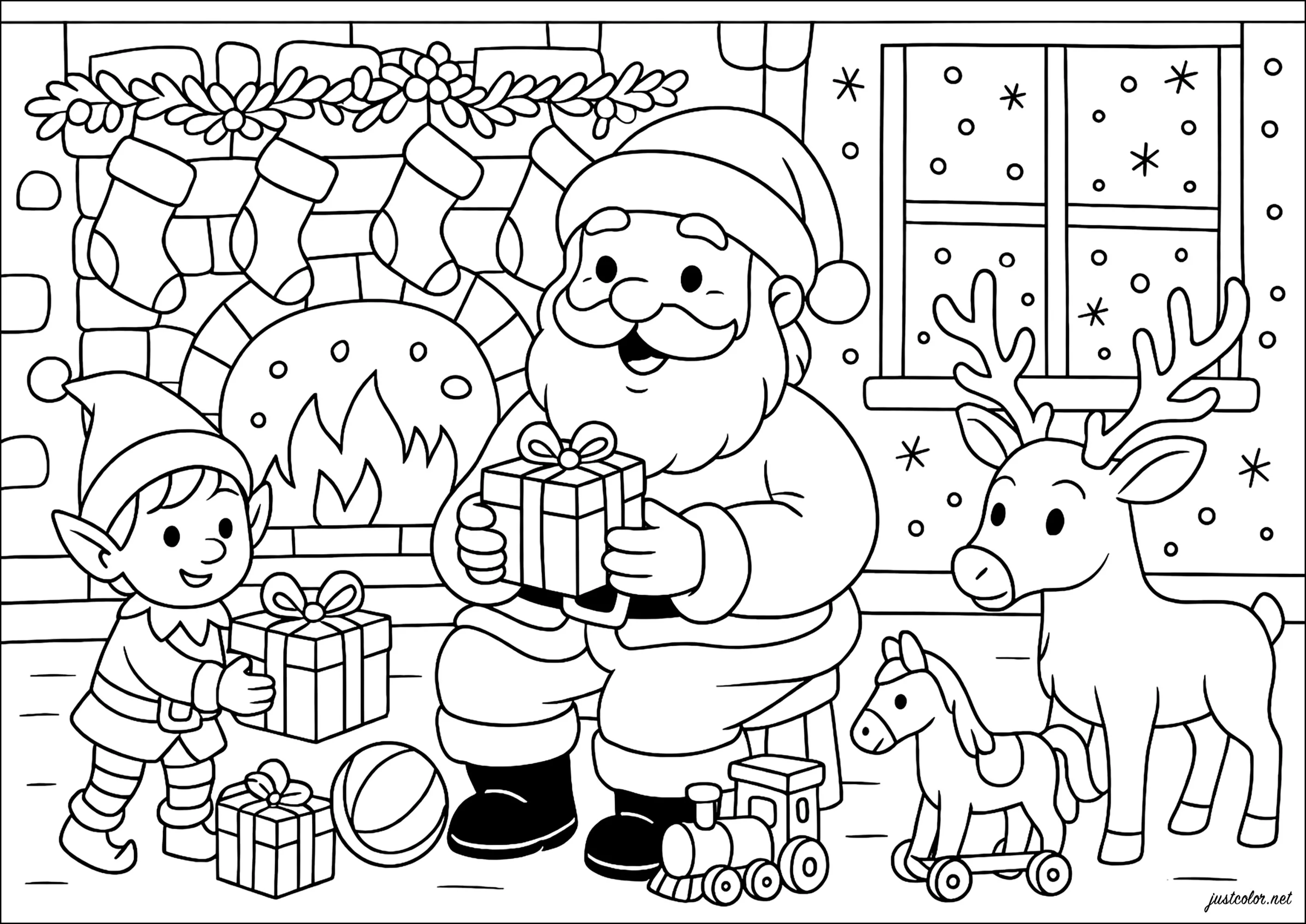 Joyeux Noël au coin du feu (Coloriage à imprimer pour enfants)