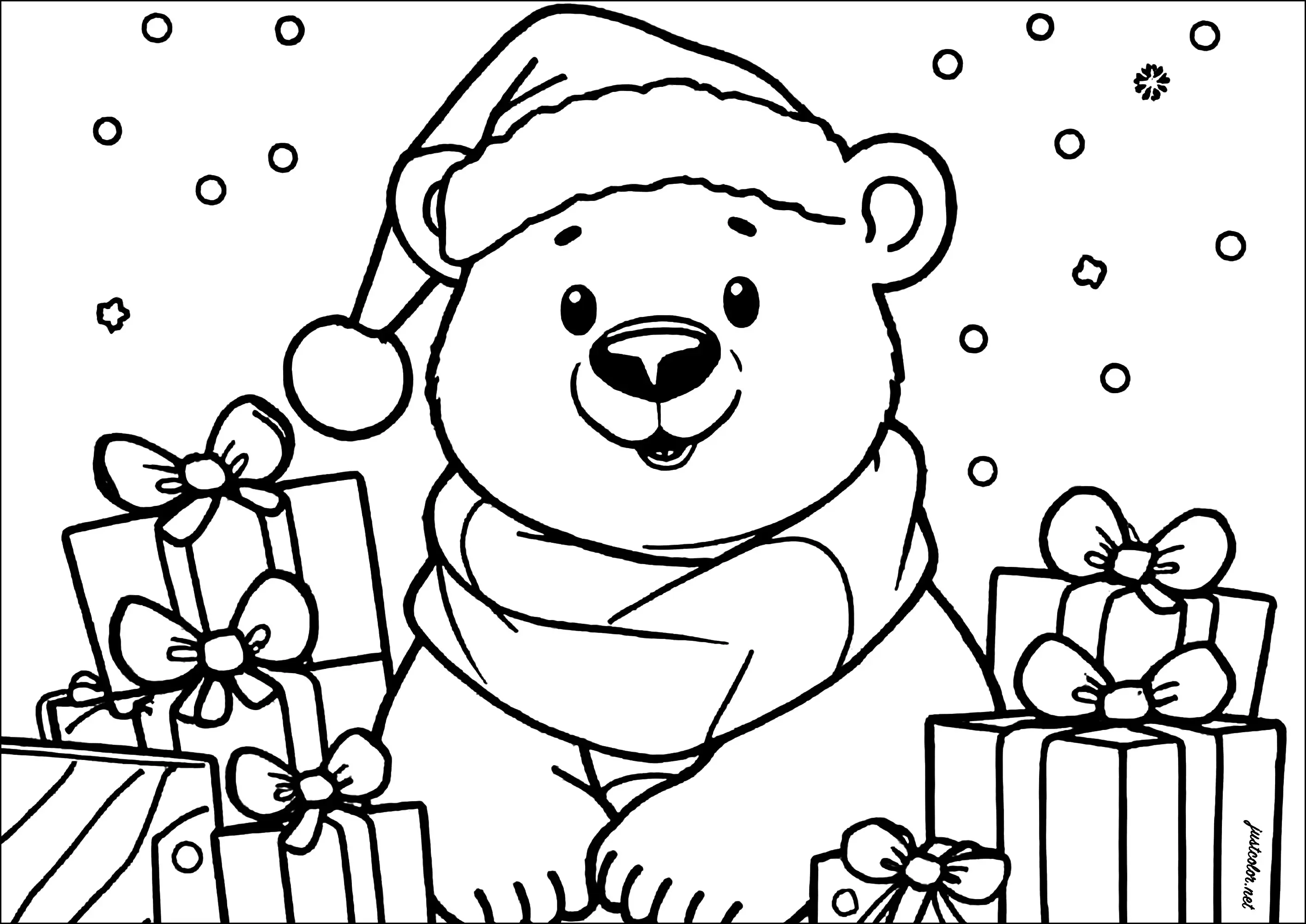 Ours et cadeux de Noël (Coloriage à imprimer pour enfants)