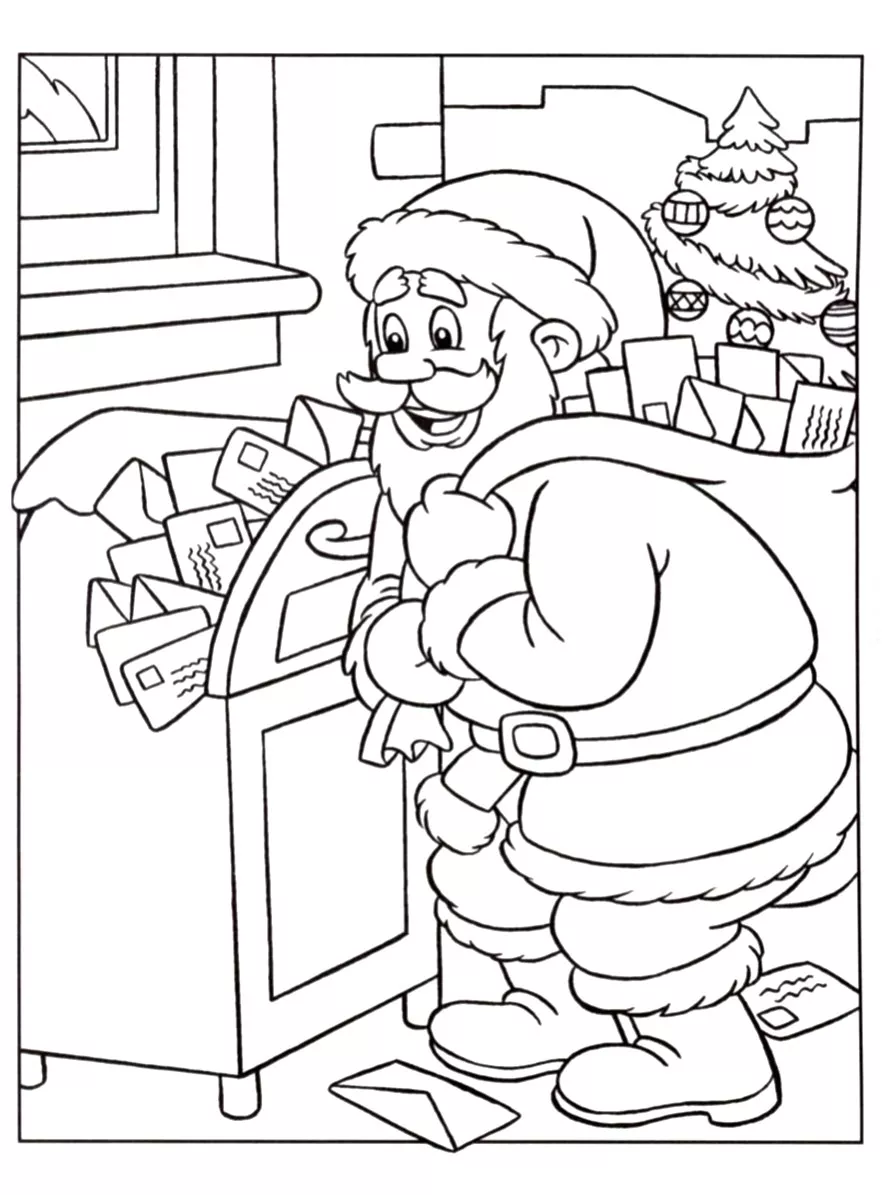 Père Noël récupérant les lettres des enfants (Coloriage à imprimer pour enfants)