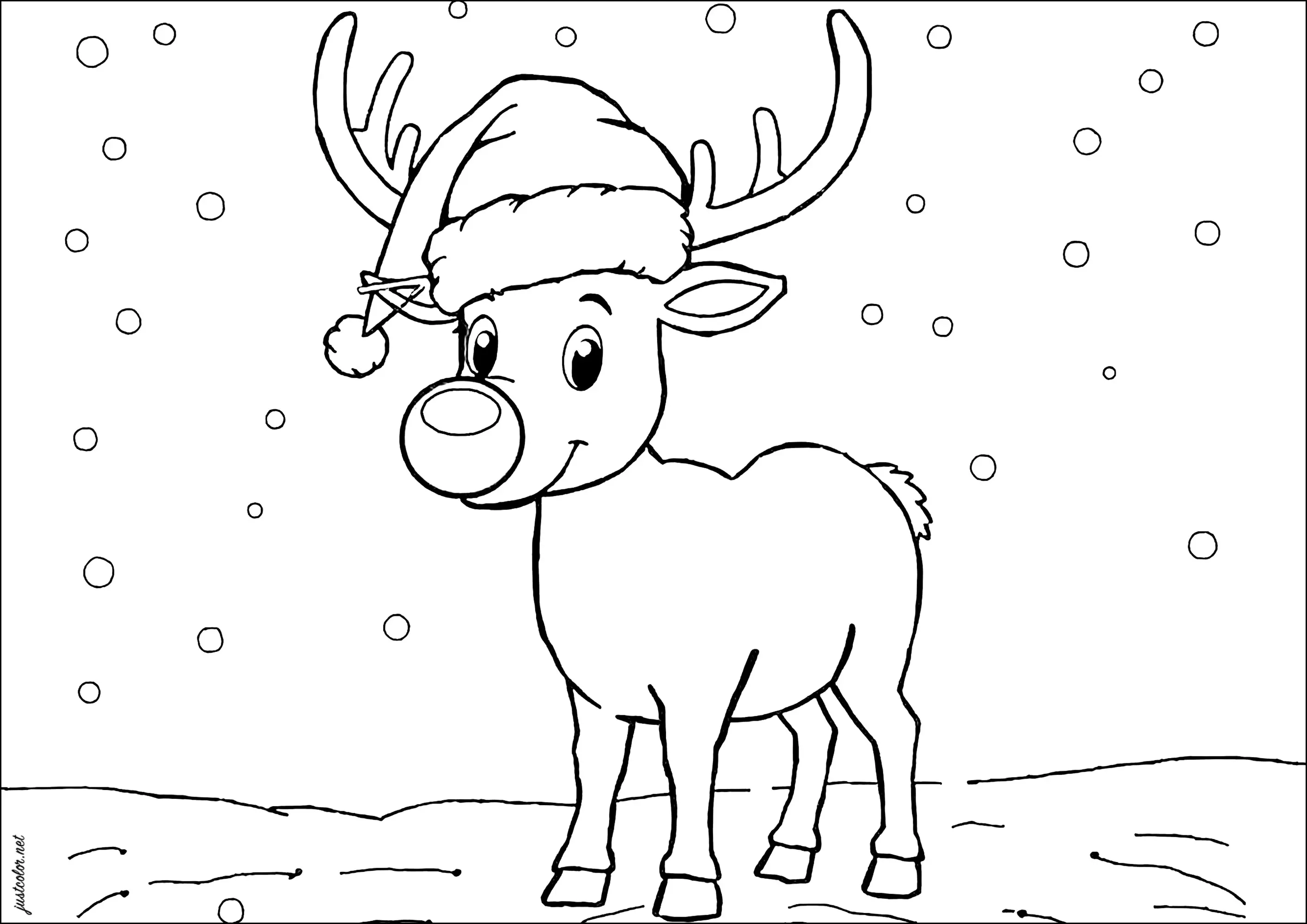 Rudolphe le renne au nez rouge (Coloriage de Noël à imprimer pour enfants)